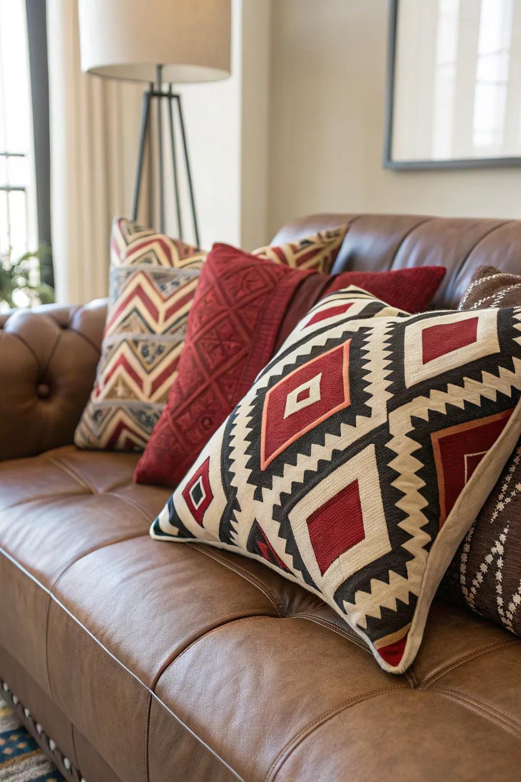 Geometric designs bring a modern flair to a leather couch.