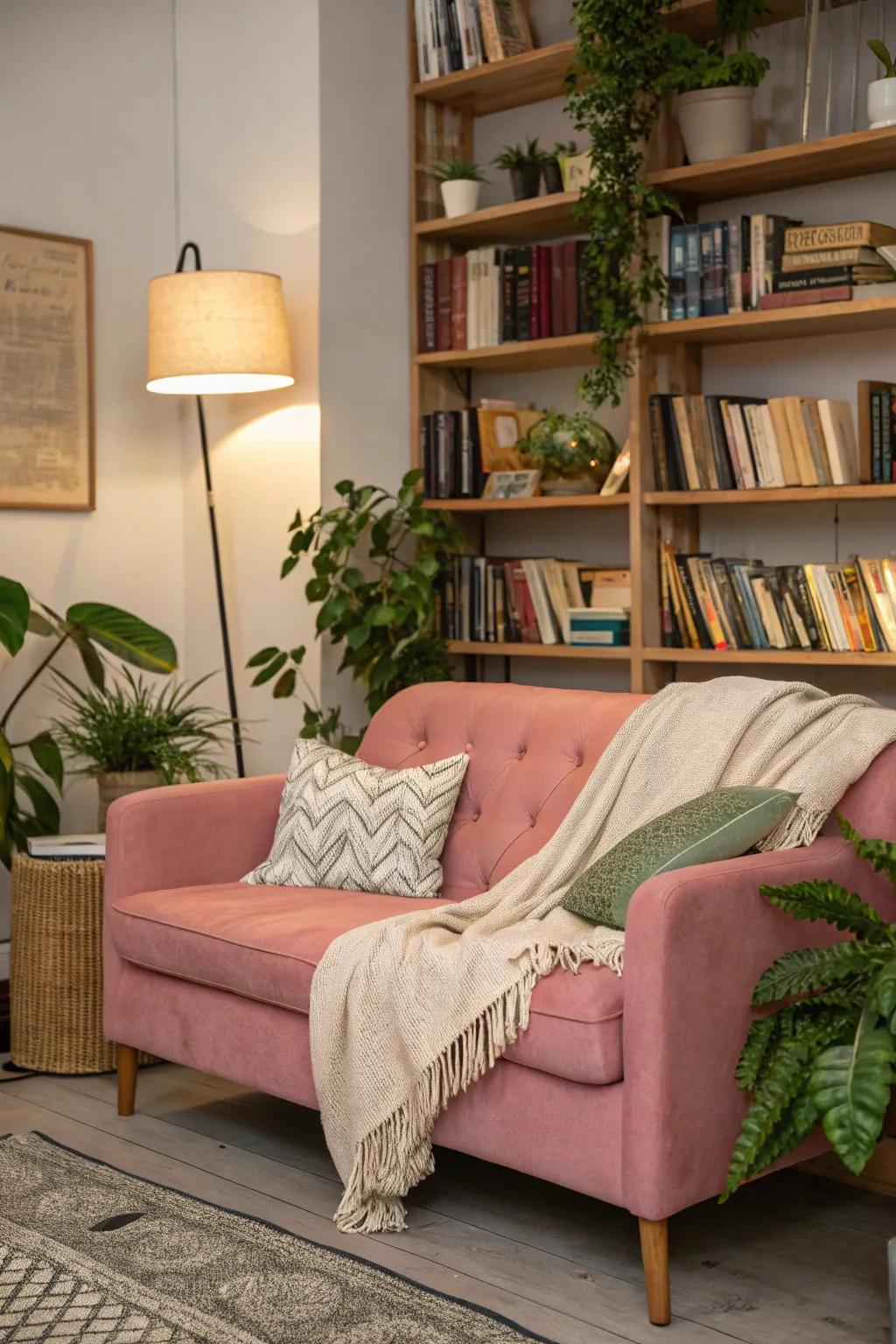 A pink couch can create a cozy and inviting corner nook.