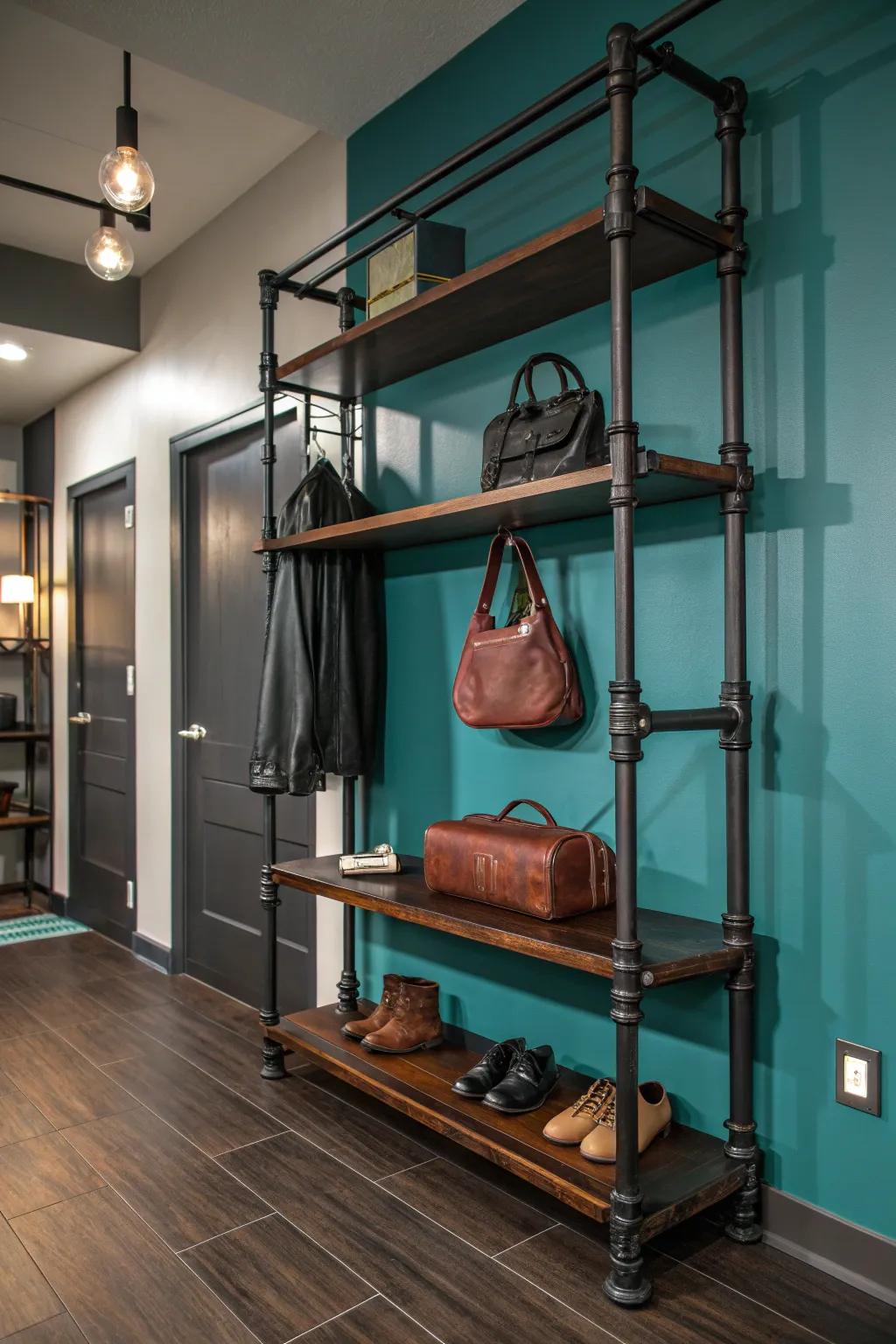 Elevate your entryway with bold pipe shelving that marries style with functionality.