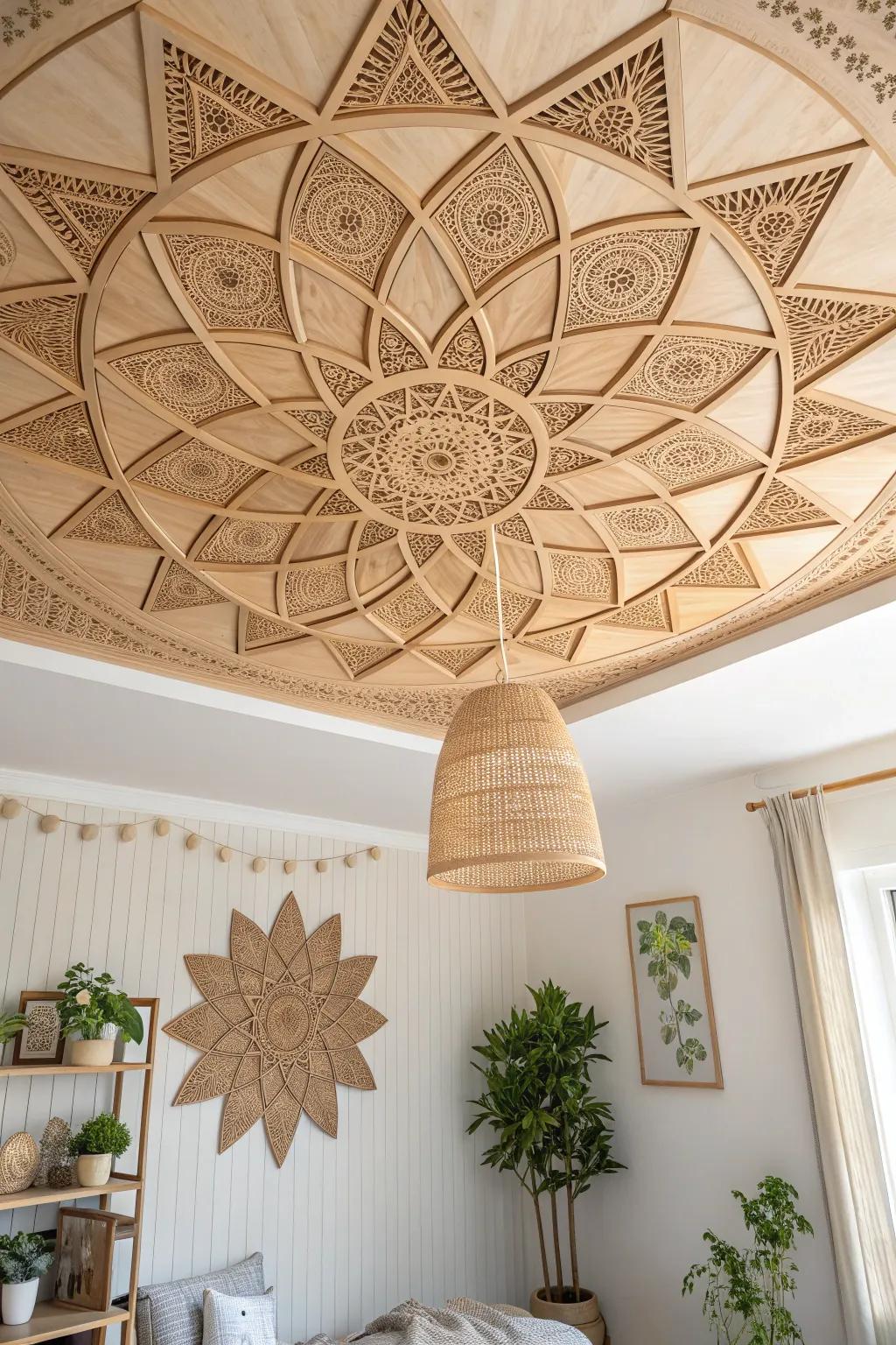Elevate your space with stunning plywood ceiling art—a minimalist masterpiece with a touch of Boho charm.