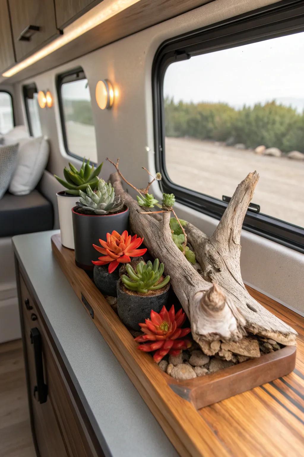 Transform your camper with nature's artistry: Driftwood and succulents bring a refreshing touch of the wild indoors.
