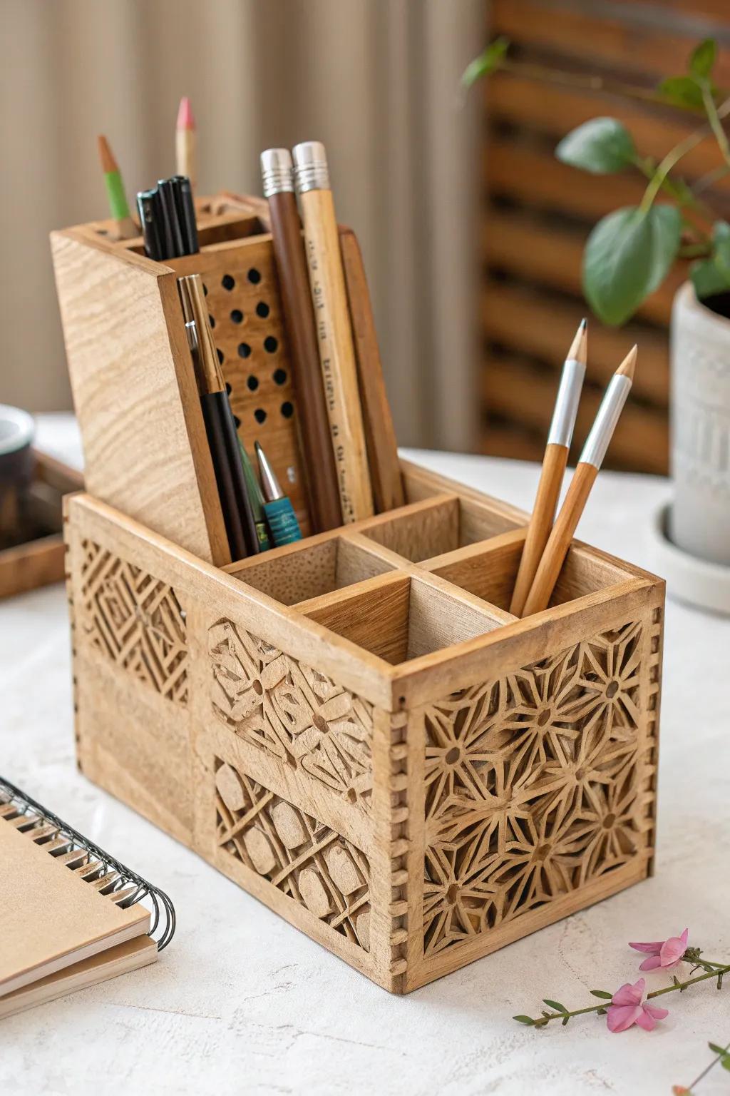 Elevate your workspace with this chic DIY desk organizer made from popsicle sticks. Perfect for lovers of minimalist design with a Boho twist.