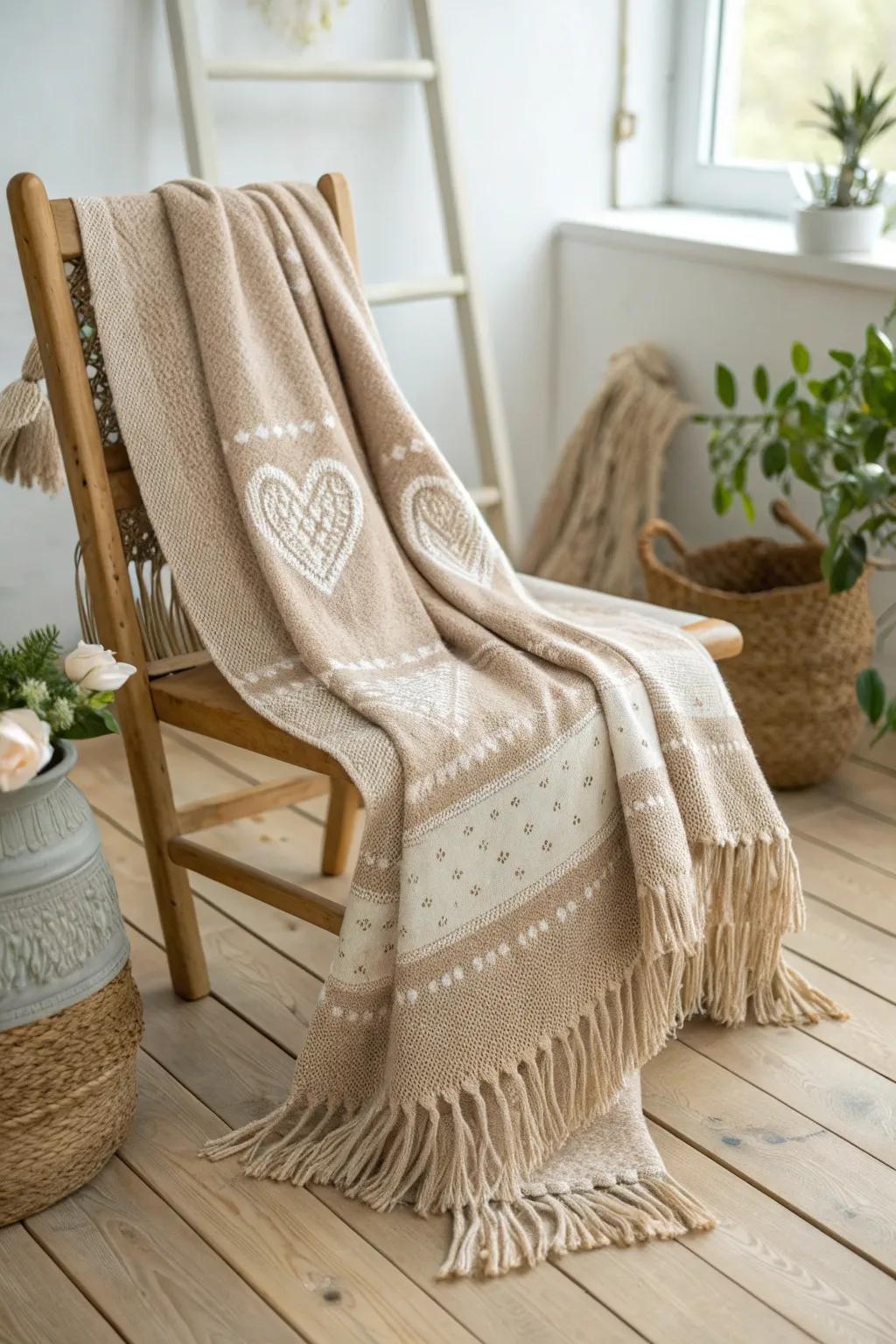 Wrap yourself in warmth and love with a handcrafted prayer blanket adorned with symbolic heart motifs.