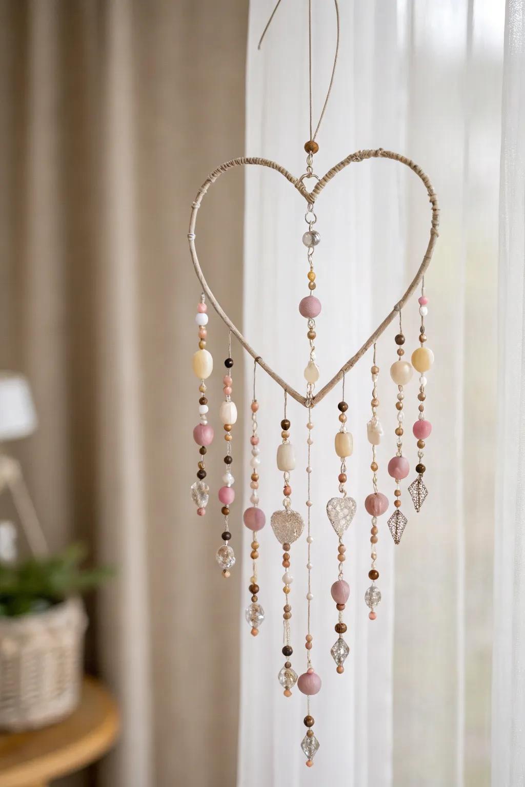 Add a whimsical touch to your home with these handcrafted beaded heart wind chimes, perfect for a gentle melody on breezy days.