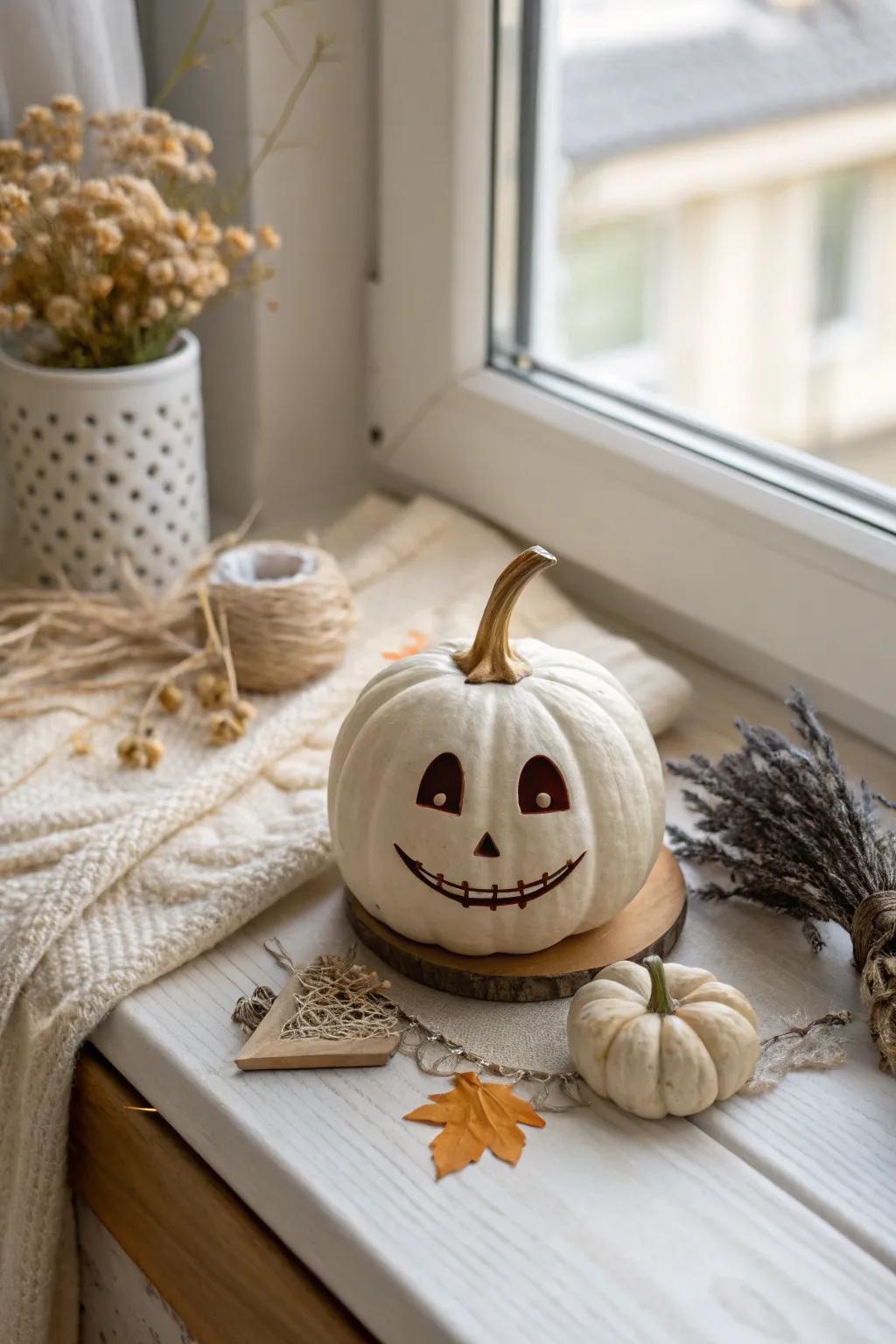 Charming mini pumpkin faces: simplicity meets artistry in a cozy Scandinavian setting.