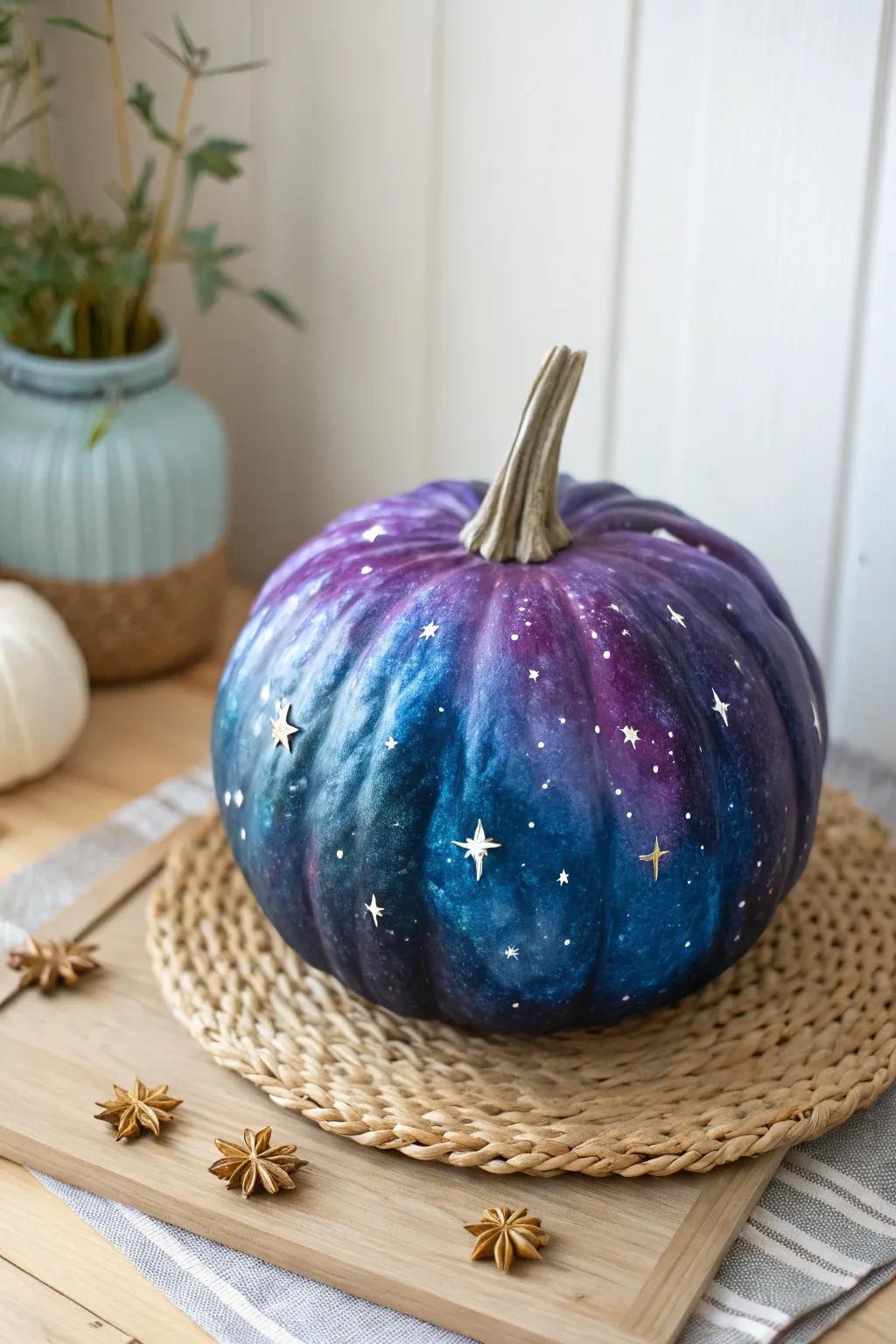 Hold the universe in your hands with this stunning galaxy pumpkin. Perfect for adding a touch of cosmic beauty to your decor.