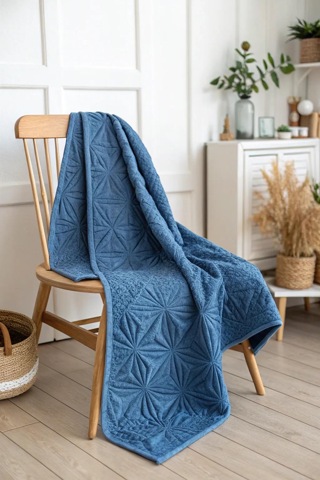 Embrace serenity with a monochromatic blue quilt that brings calm to any space. #QuiltMagic #MinimalistBoho