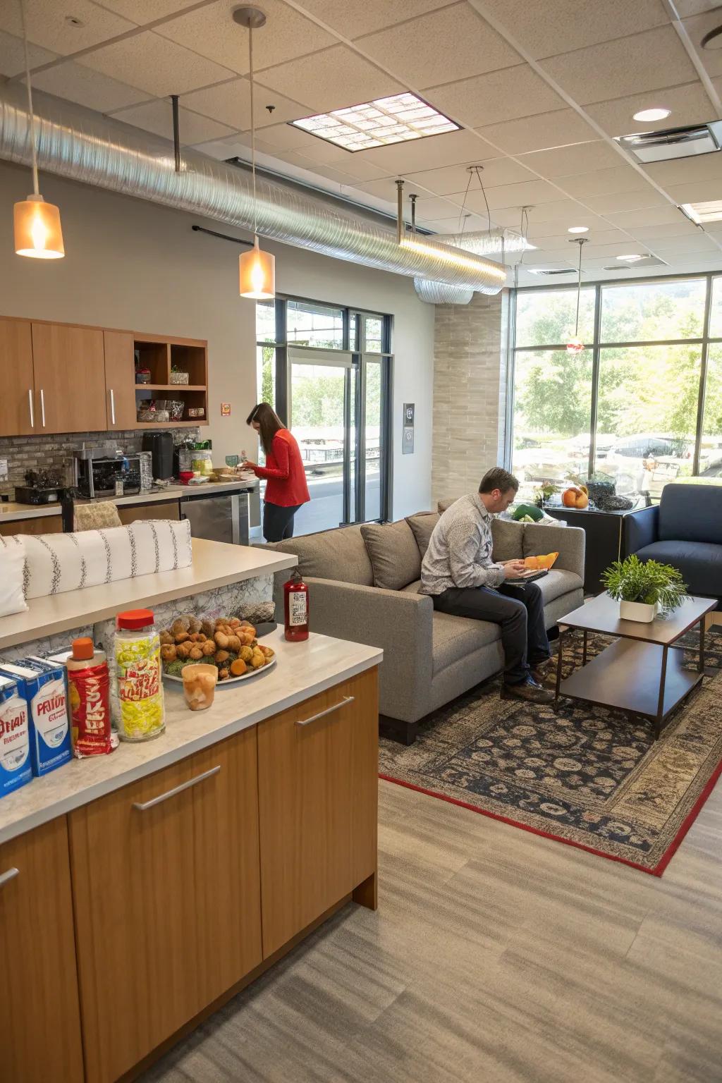 Home-inspired comforts in the office, featuring a lounge area and kitchenette.
