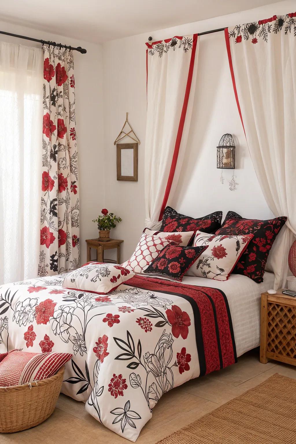 Floral patterns soften the room with a whimsical touch.