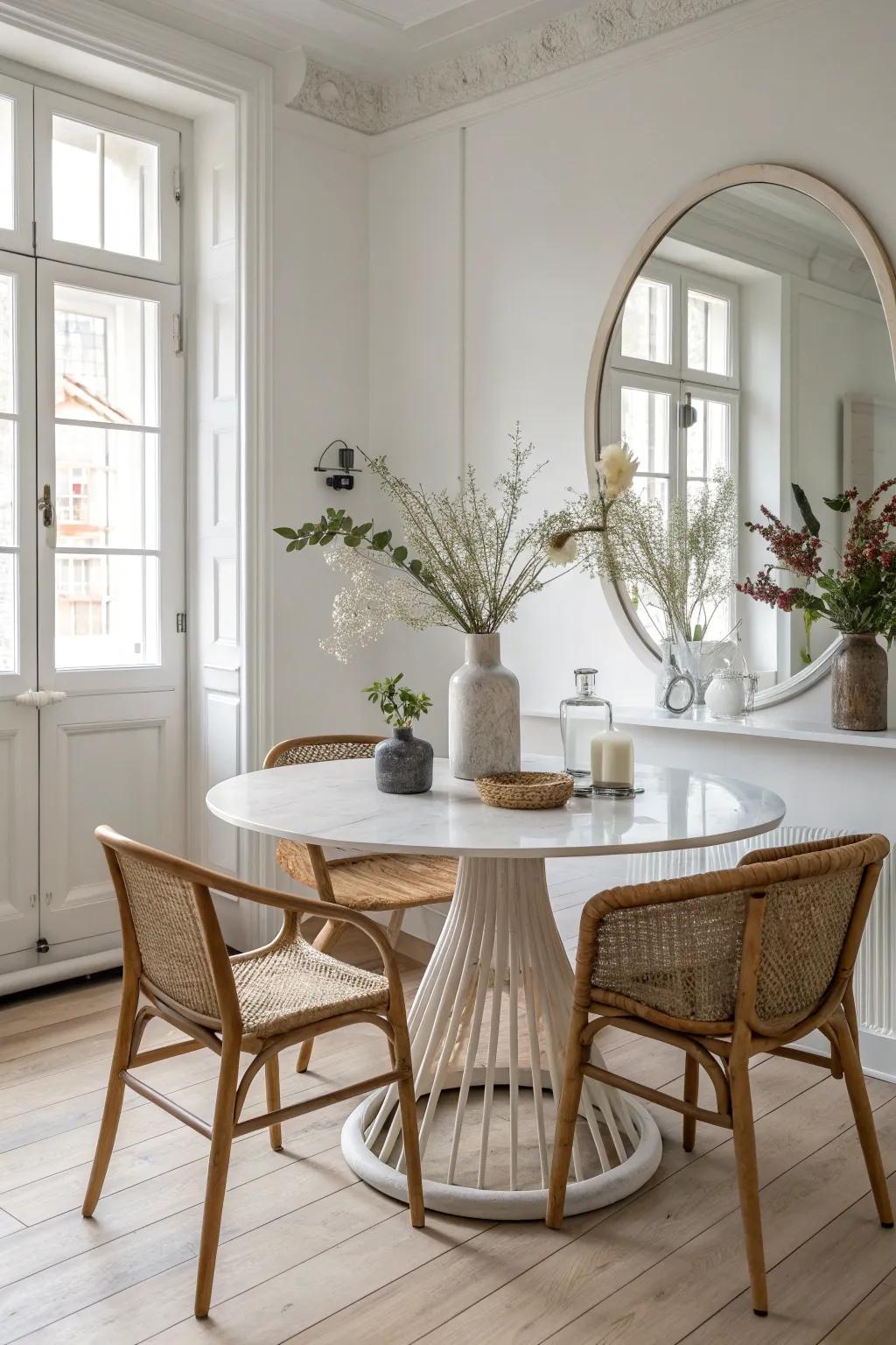 Elevate your dining space with a mirror-topped table for a touch of light and elegance.