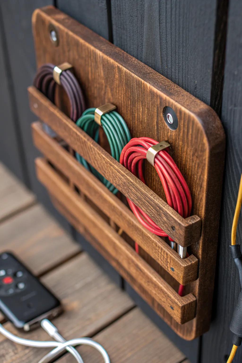 Transform clutter into craftsmanship with this elegant cord organizer made from repurposed blind slats.