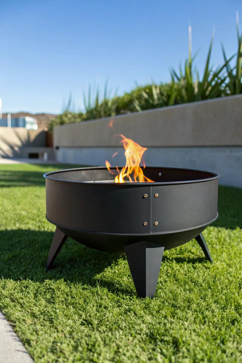 Embrace sleek elegance with a minimalist repurposed oil tank fire pit, perfect for any outdoor setting.