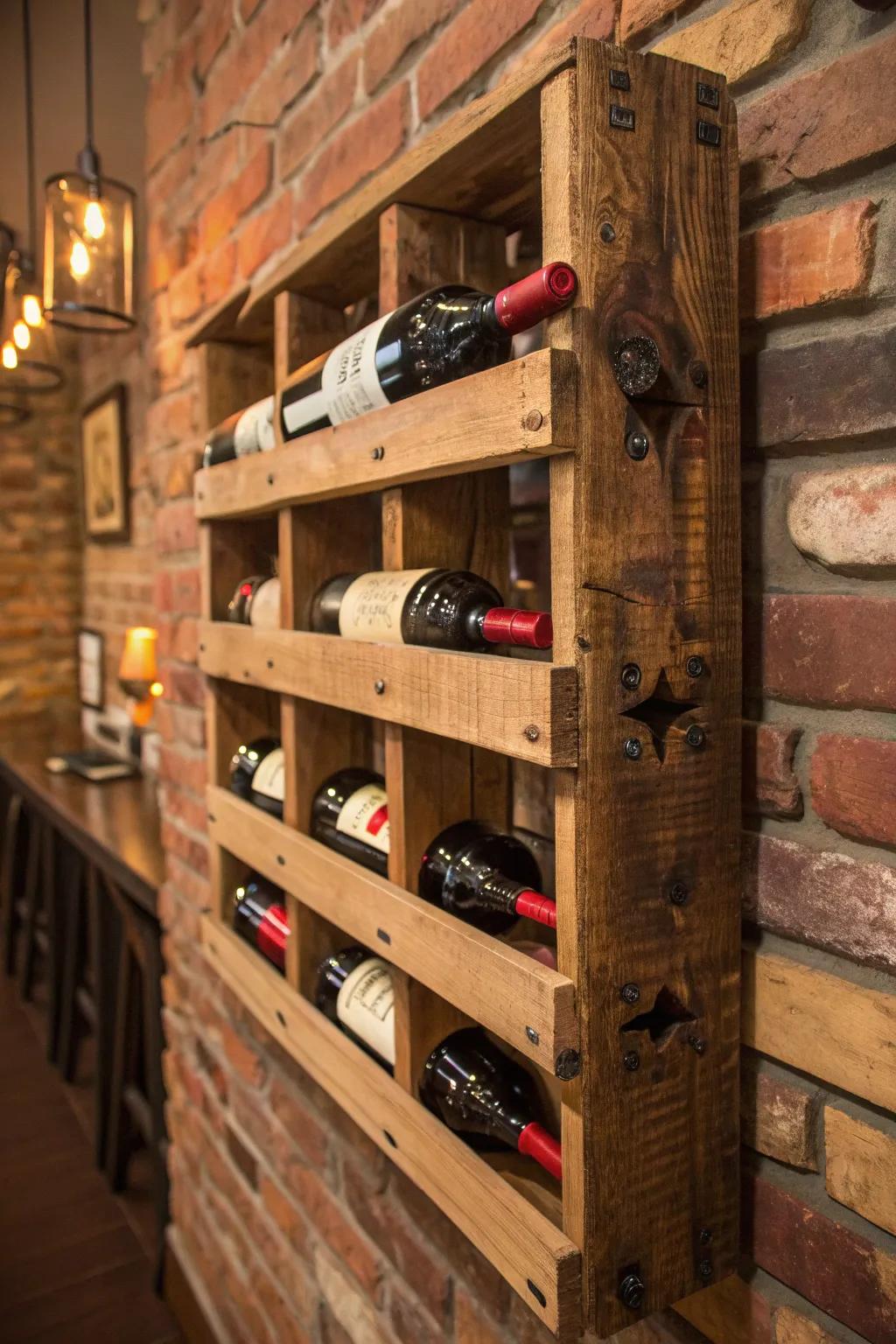 Elevate your wine display with a handcrafted pallet wine rack that exudes rustic charm and sophistication.