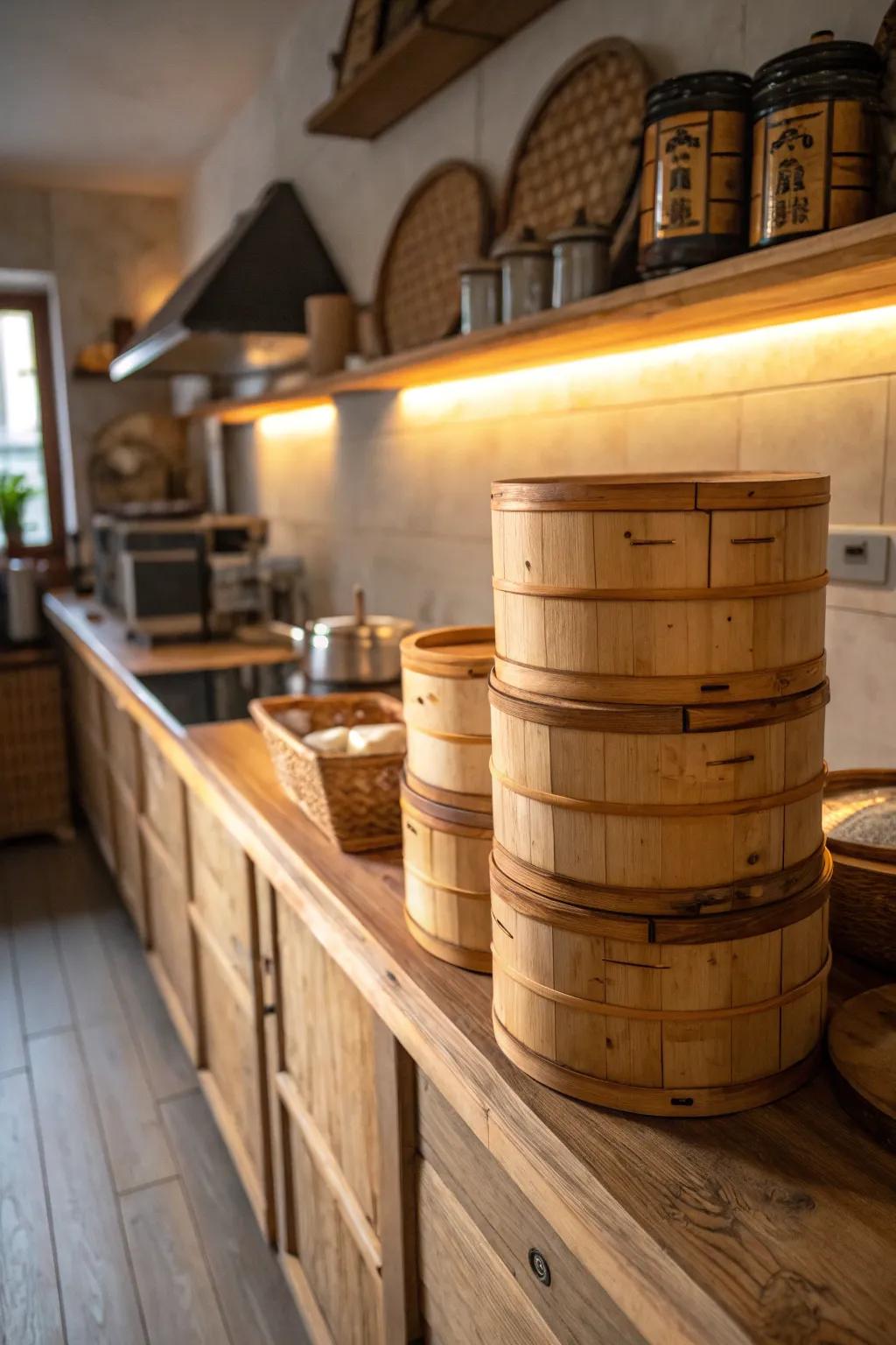 Wooden bins provide a warm and natural storage option.