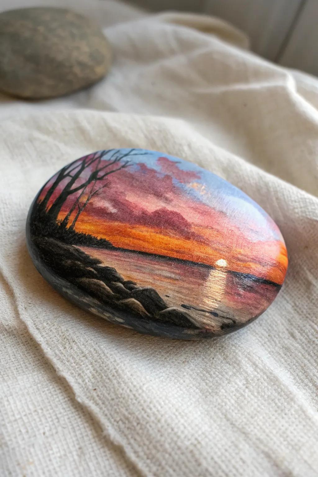 Capture tranquility with a sunset reflection rock painting, perfect for adding a touch of serenity to your space.