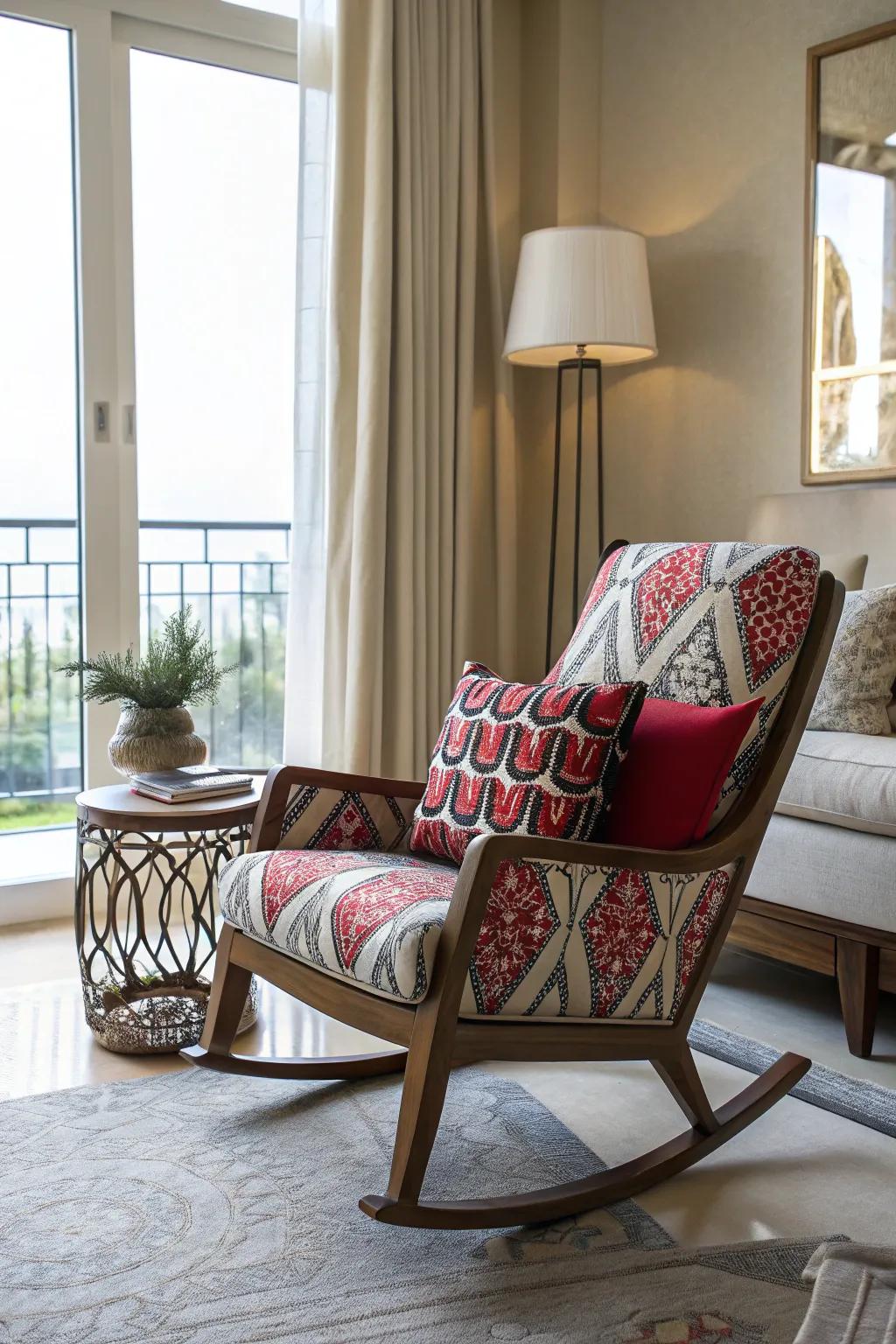 Bold patterns bringing life to a chic rocking chair setup.