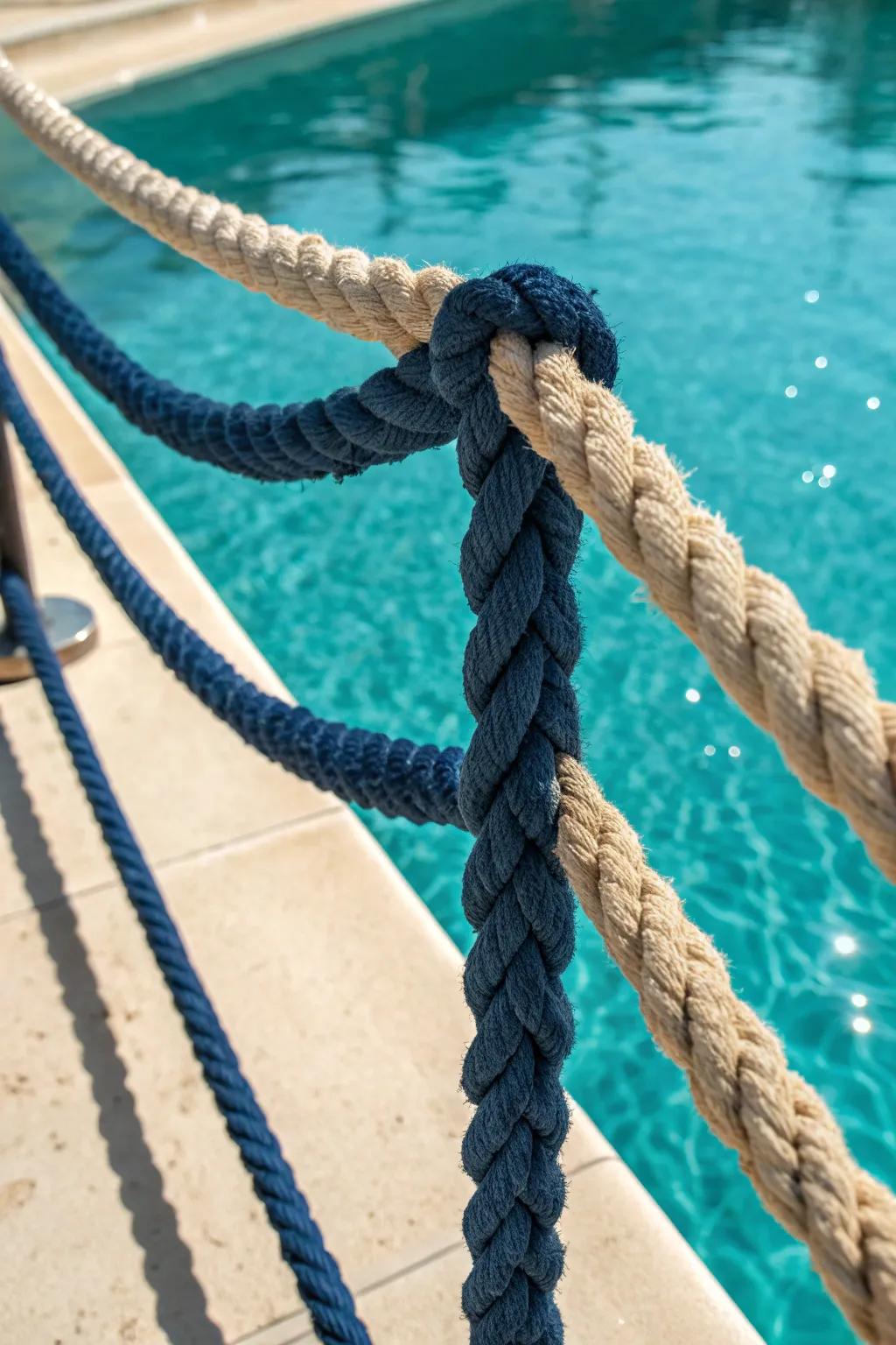 Enhance your poolside escape with artisanal rope railings for that perfect vacation vibe.