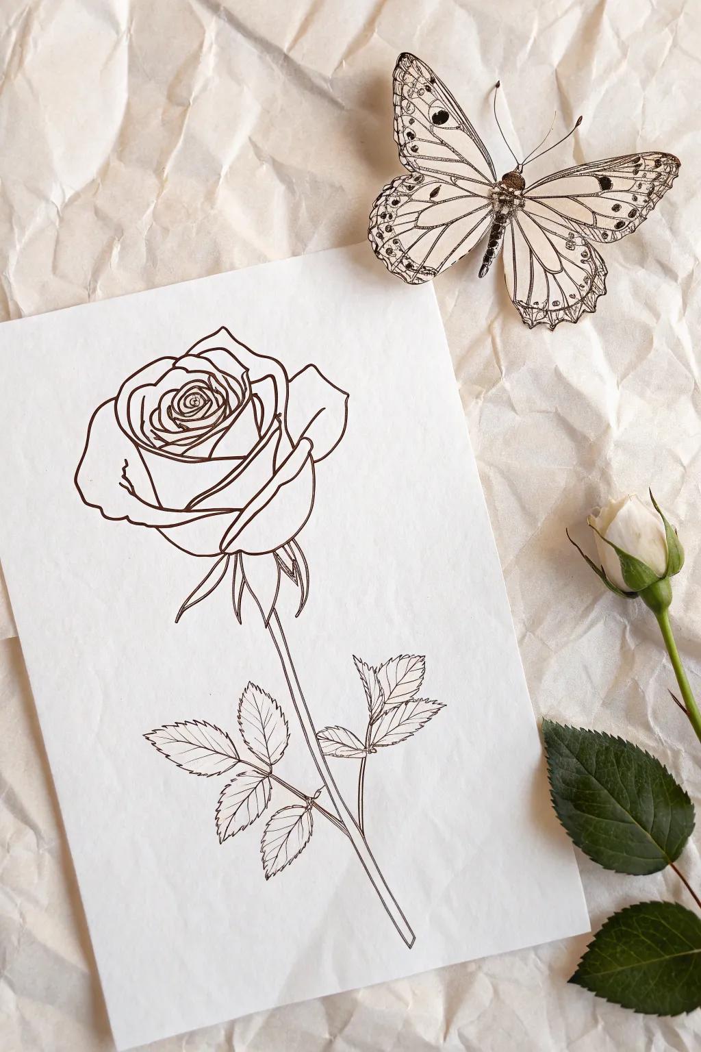 Nature's Dance: A minimalist rose with a butterfly, celebrating the elegance of simplicity.