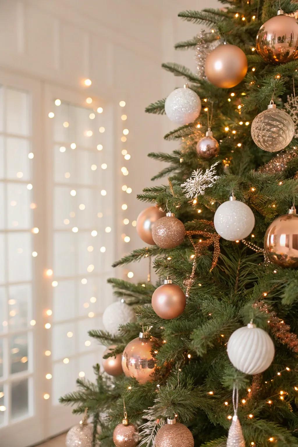 Rose gold and white baubles create a timeless yet modern decor.