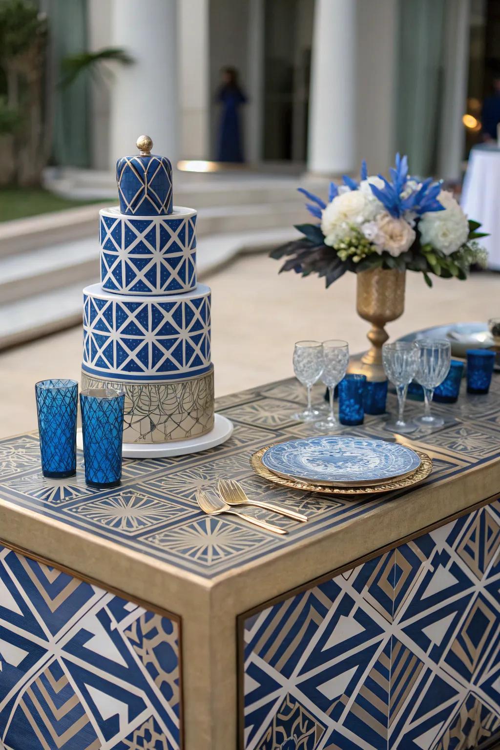 Geometric patterns paired with royal blue create a chic Art Deco-inspired centerpiece.