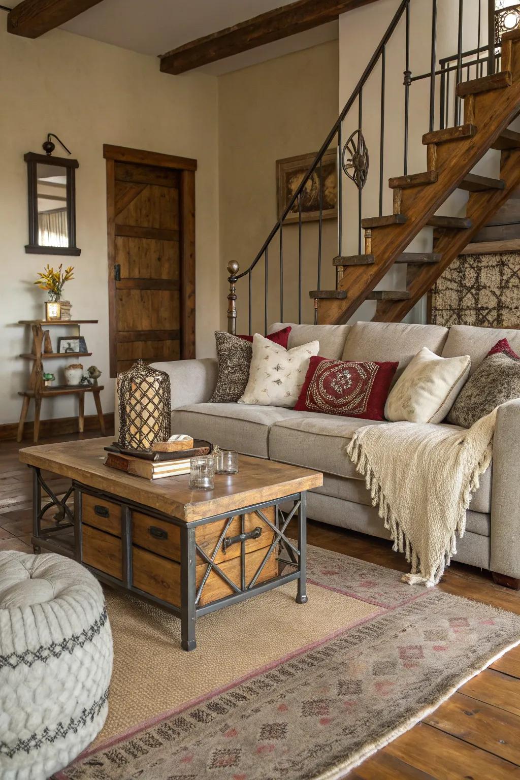 Layered textures create a rich and inviting rustic glam atmosphere.