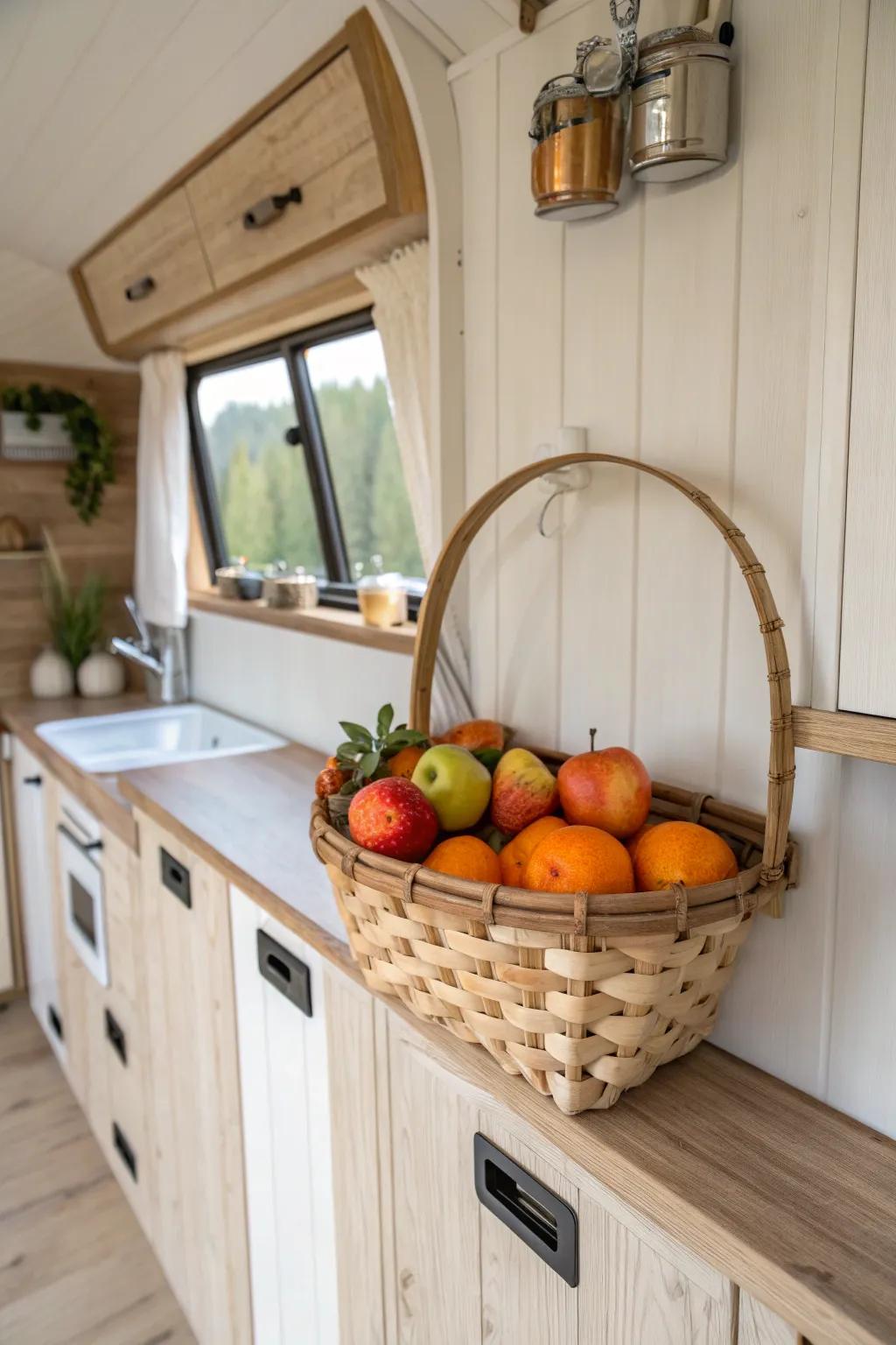 Elevate your RV kitchen with rustic wall-mounted baskets—perfect for a touch of charming simplicity.