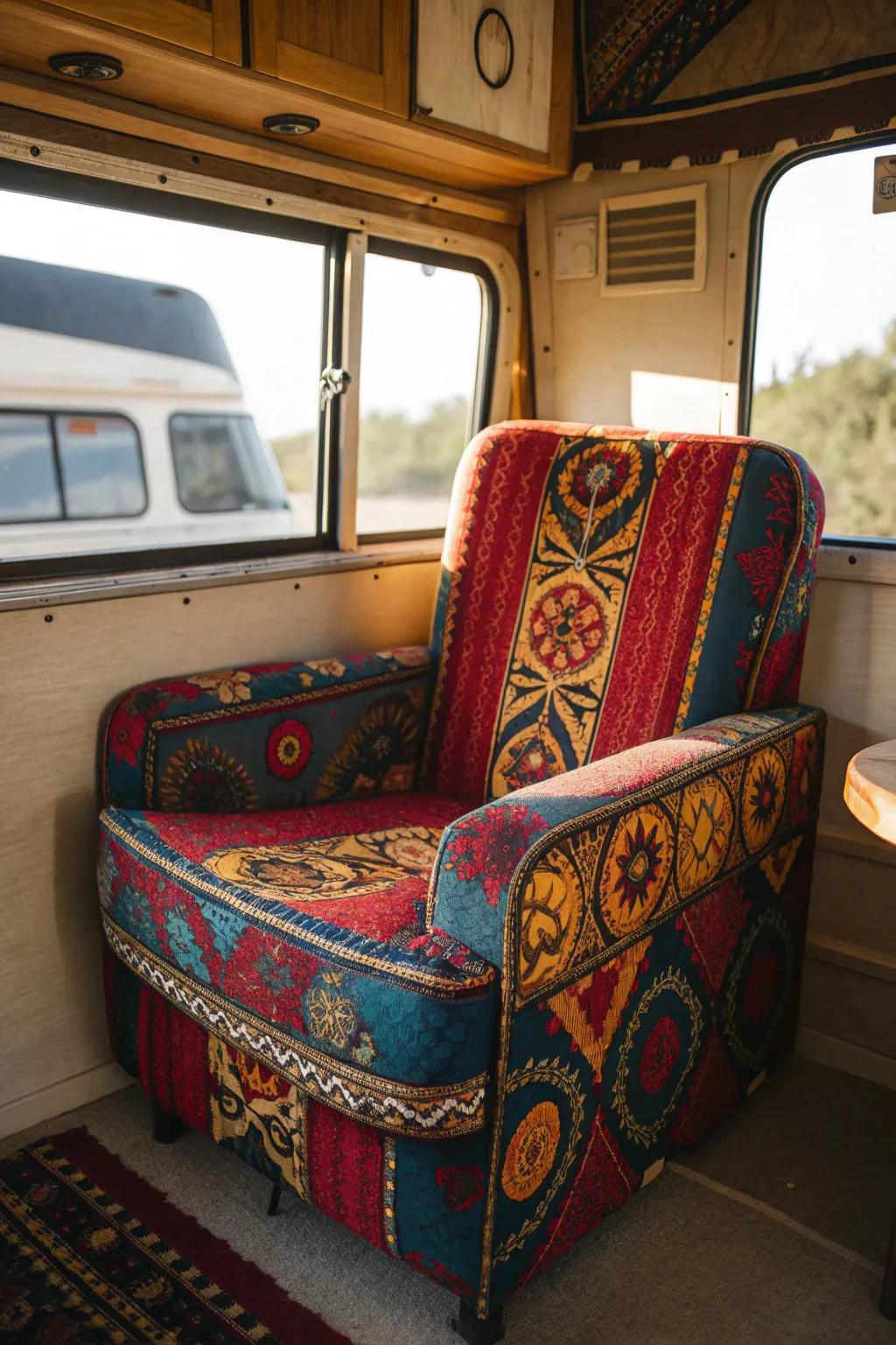 Transform your RV into an oasis of wanderlust with bold bohemian upholstery.