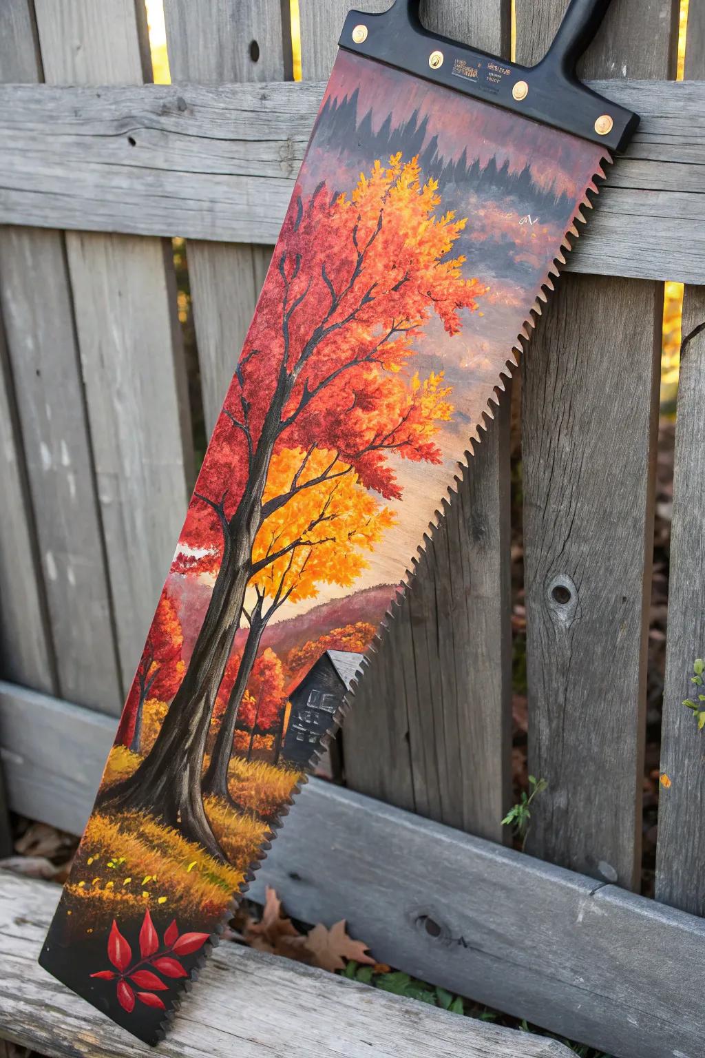 Embrace the beauty of autumn with this stunning hand-painted saw blade, a perfect blend of craftsmanship and seasonal charm.