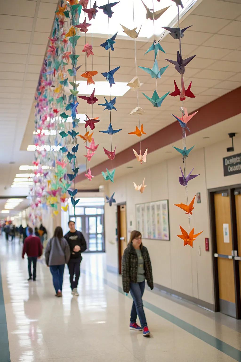 Hanging origami cranes in a school lobby, promoting peace and unity.