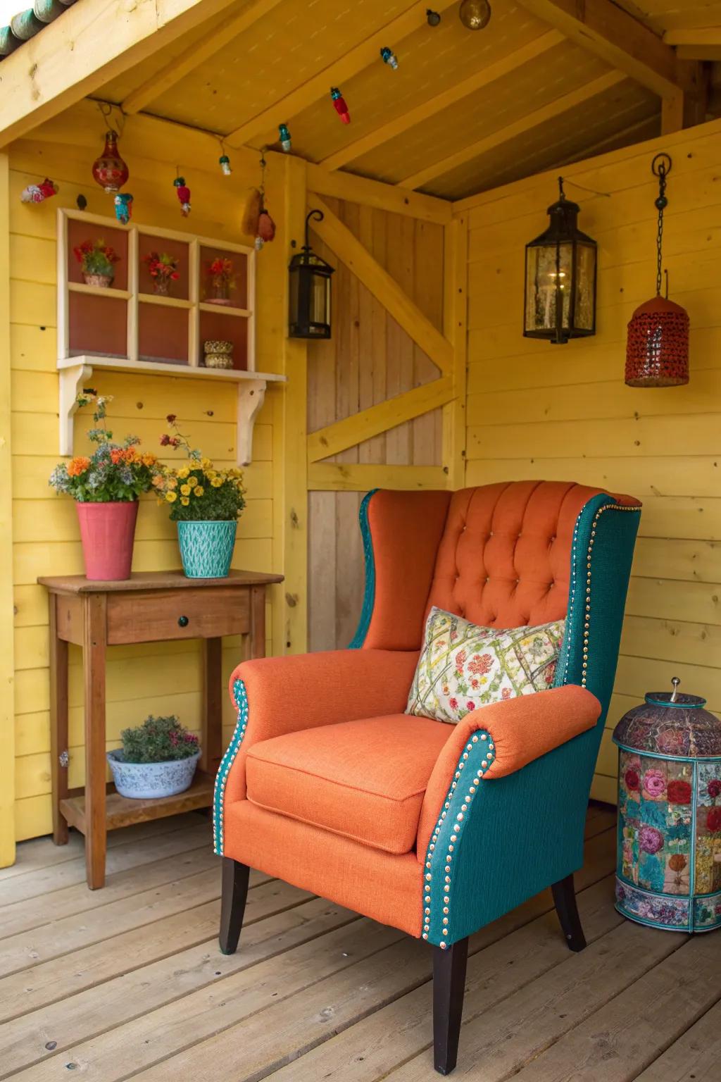 Transform your shed into a vibrant retreat with bold colors and artisanal flair.