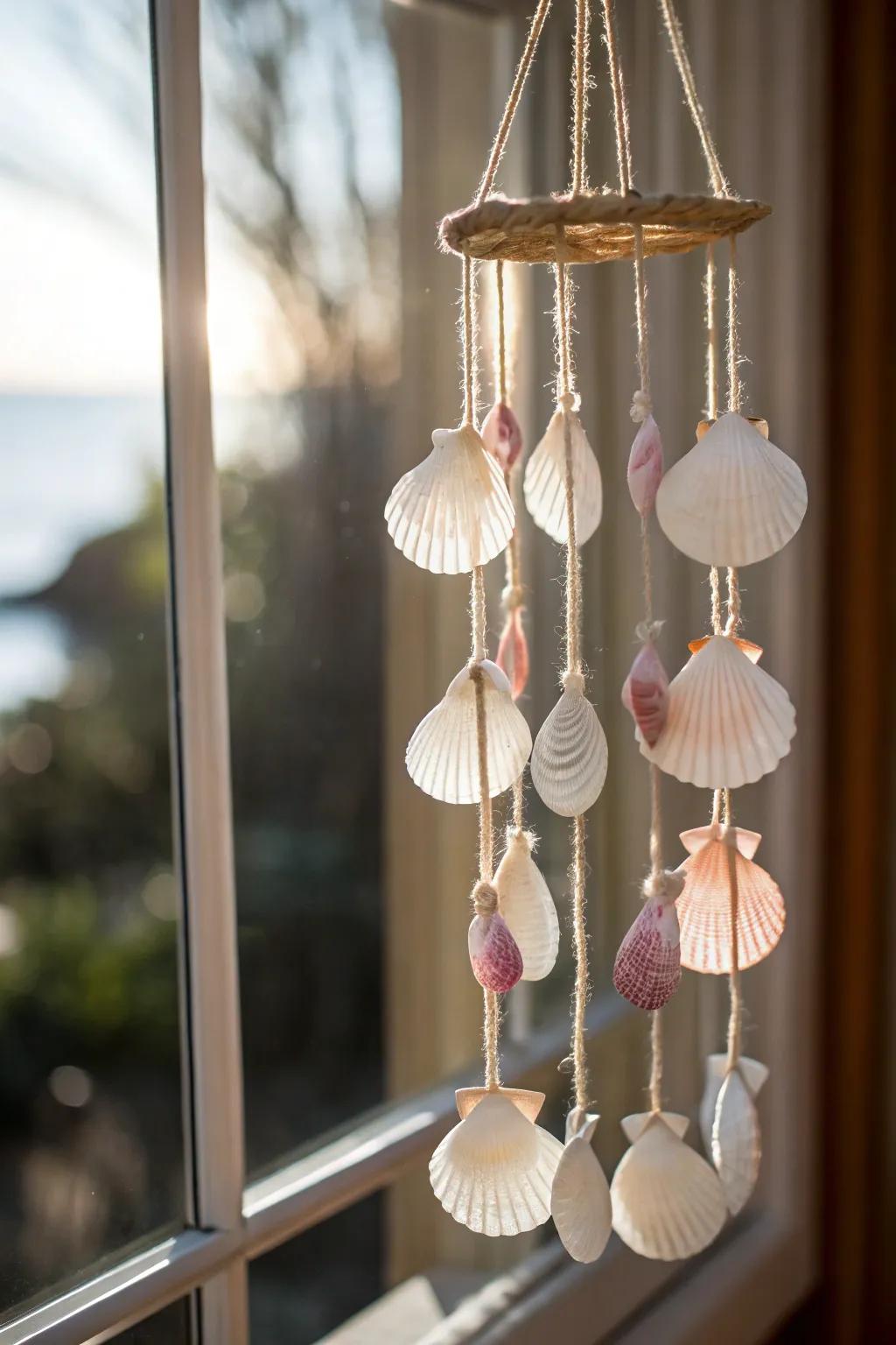 Embrace the ocean's gentle sway with a handcrafted shell mobile, a perfect blend of simplicity and natural allure.