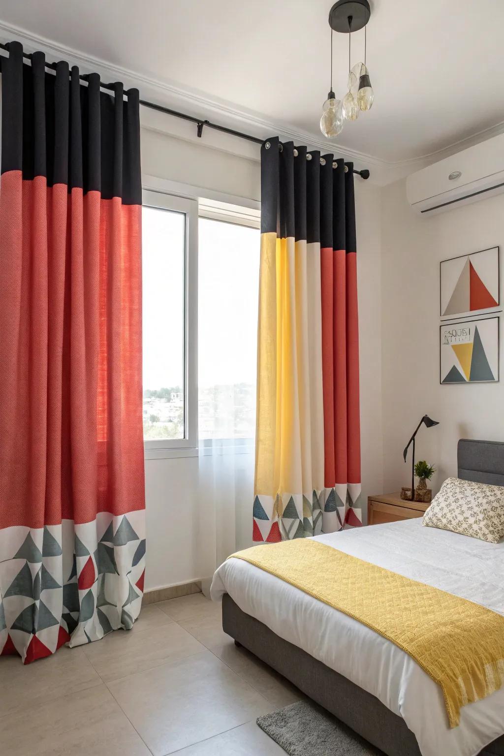 Color blocking brings a modern twist to traditional curtain designs.