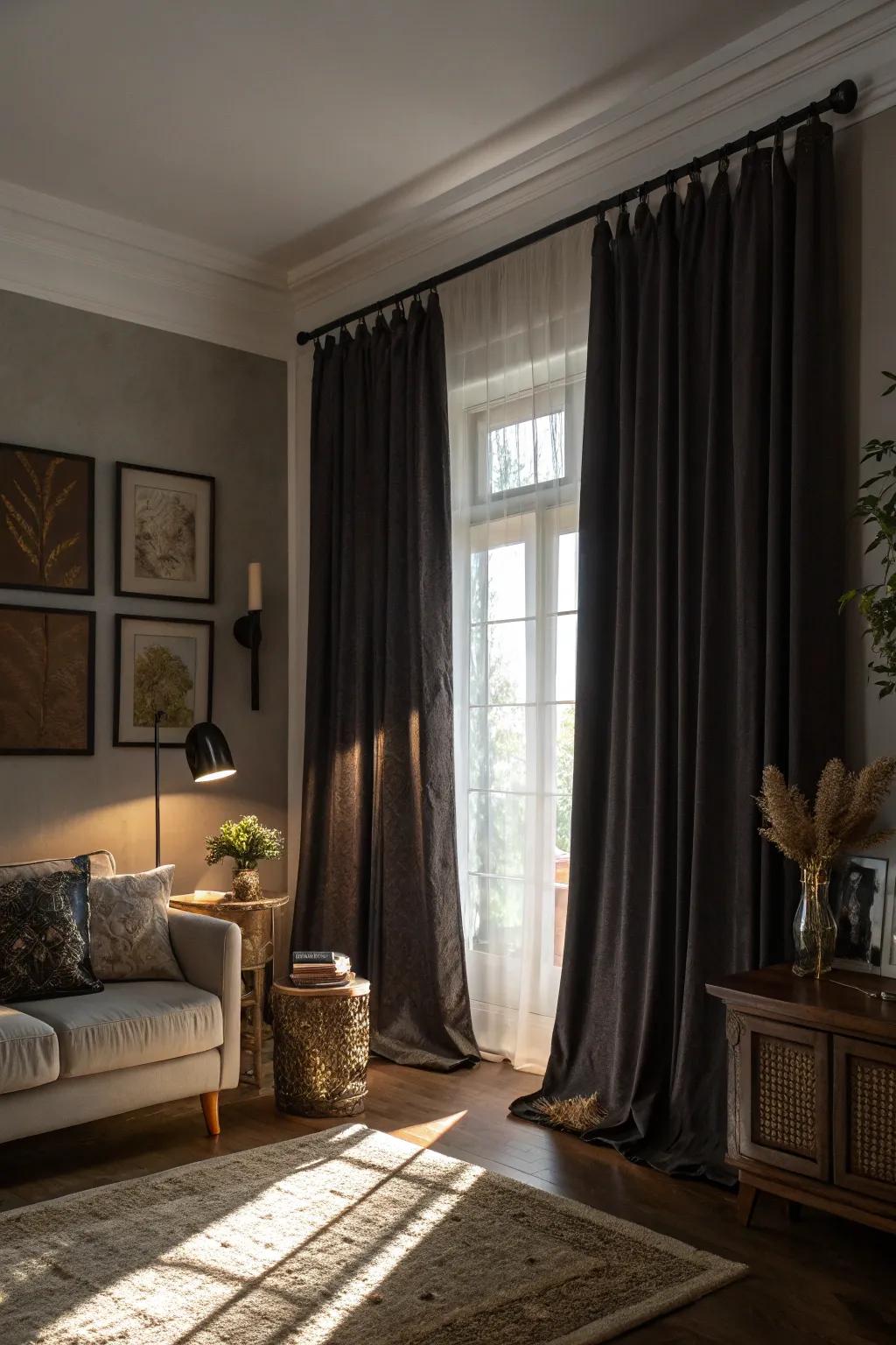 Dark short curtains creating a striking contrast.