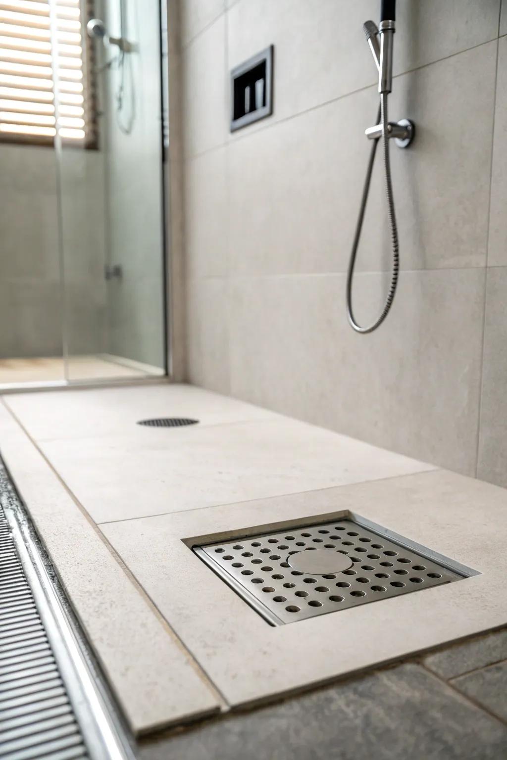 Minimalist drains offer a subtle elegance.