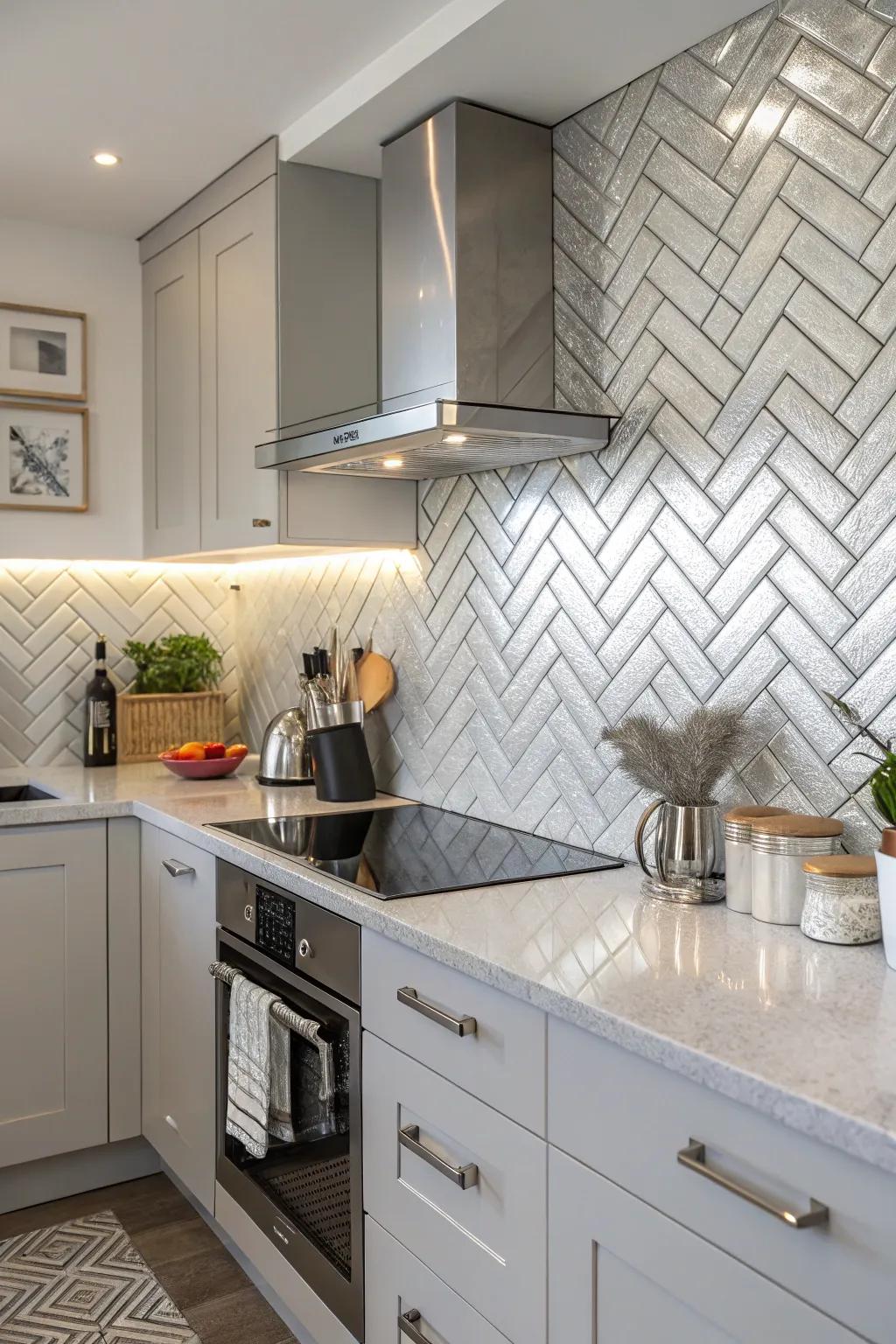 A sophisticated kitchen featuring a herringbone pattern silver backsplash.