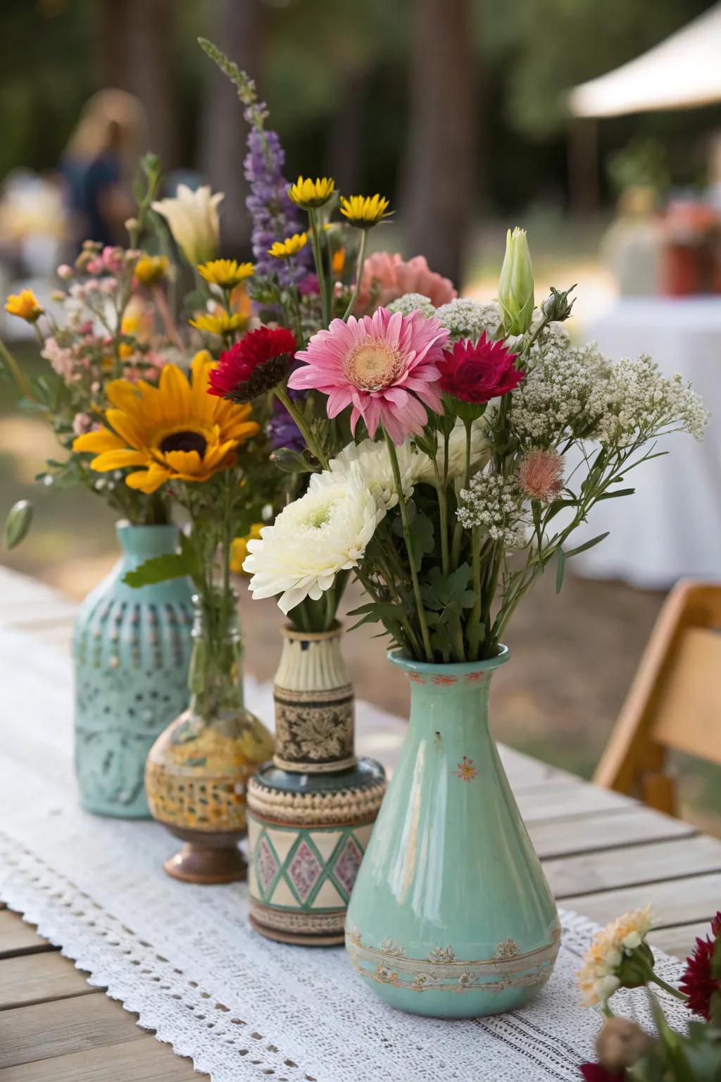 Vintage vases add character and charm to floral arrangements.