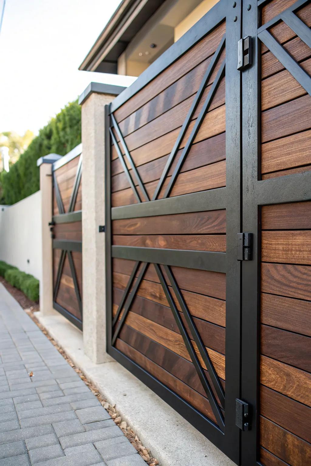 Elevate your entryway with a touch of modern craftsmanship: a wooden gate with sleek metal accents.