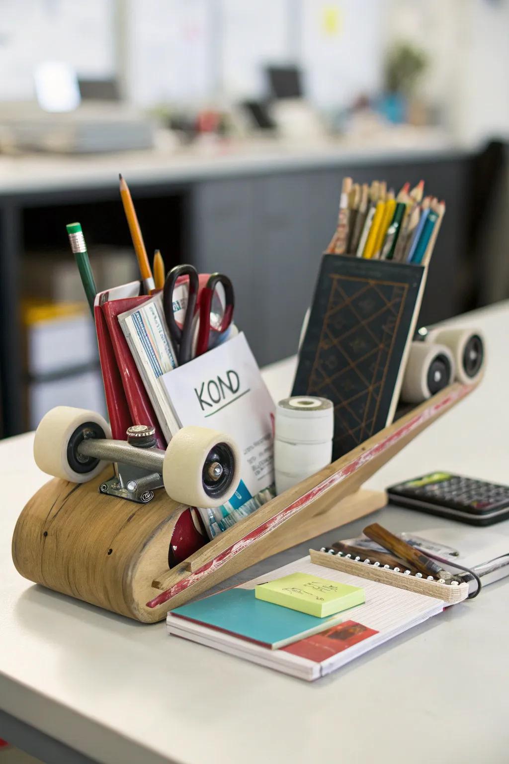 A functional desk organizer crafted from skateboard pieces.