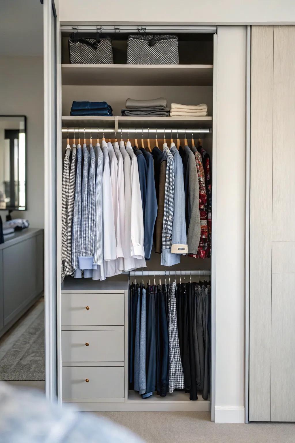 Slim hangers maximize space and maintain garment shape.