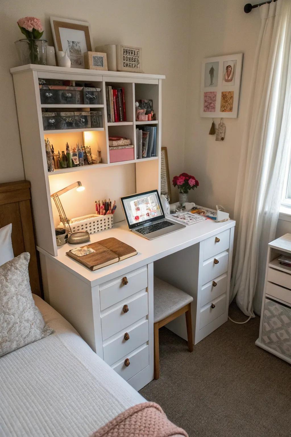 Hidden storage in a desk helps maintain a tidy workspace.