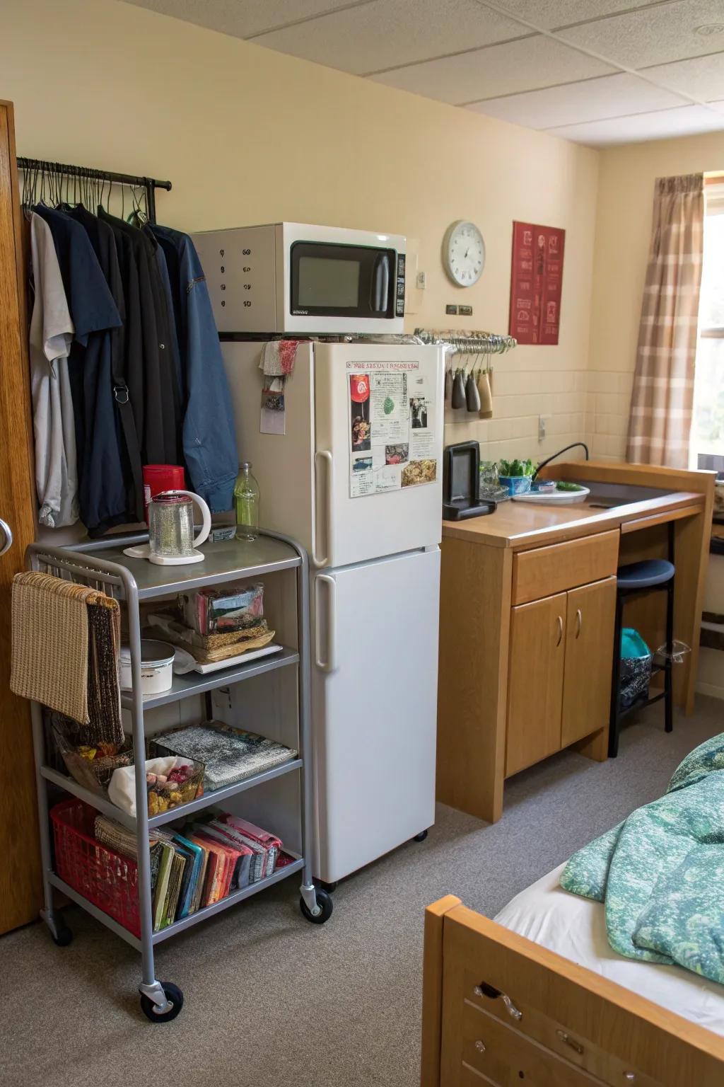 A mini kitchen station keeps appliances and snacks organized.