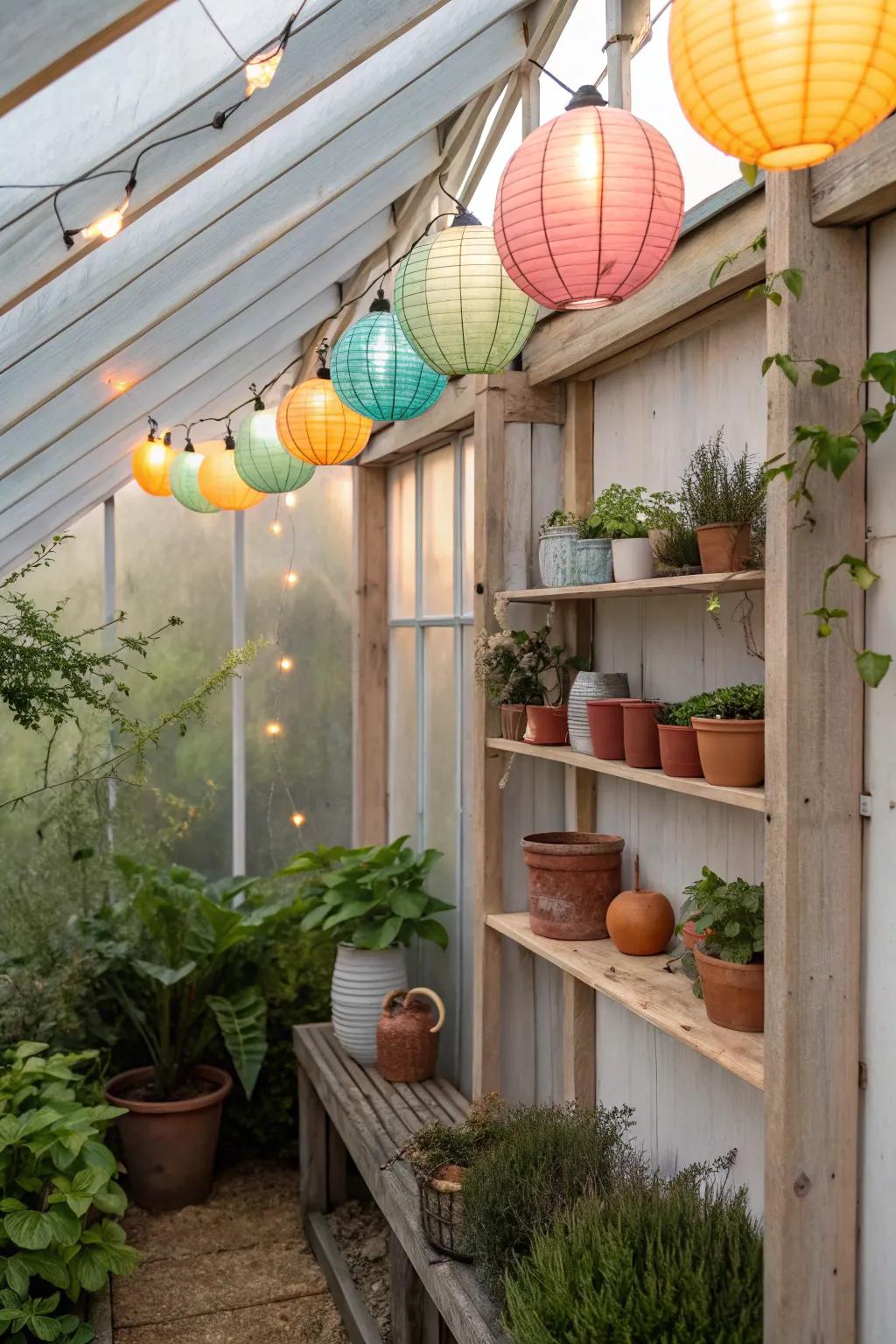 Transform your greenhouse into a magical evening retreat with colorful lanterns.
