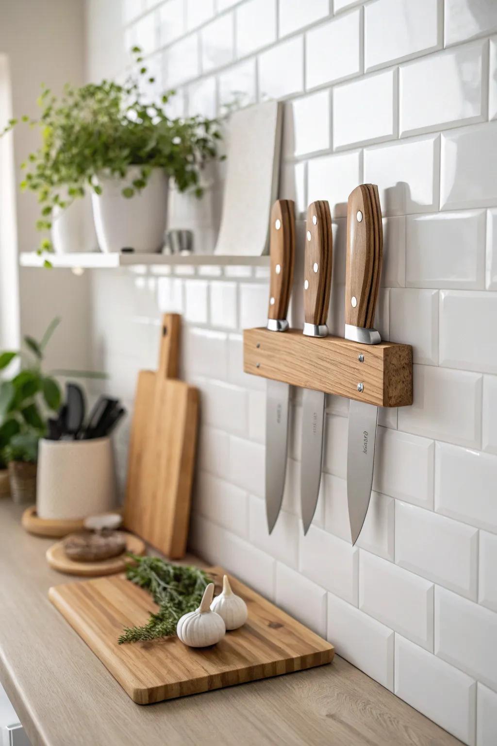 Elevate your kitchen organization with a chic magnetic knife rack for a touch of minimalist elegance.