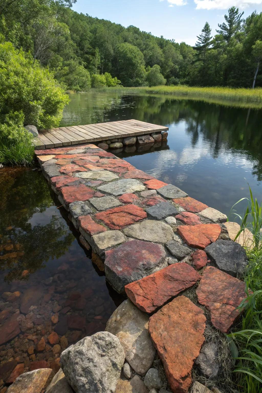 Embrace nature with a stunning natural stone dock, where craftsmanship meets the serenity of the outdoors.