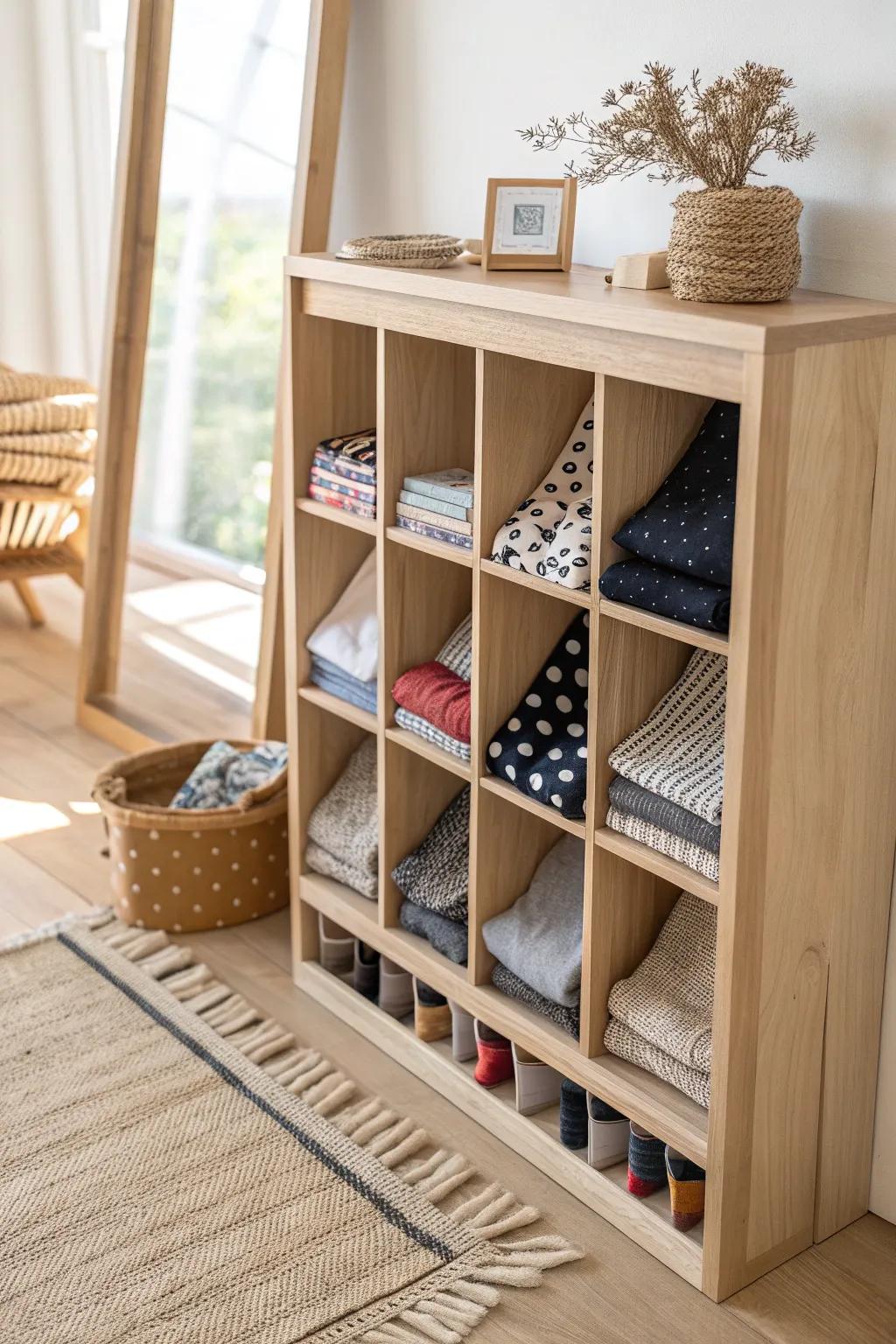 Transform your old bookshelf into a chic sock sanctuary with Scandinavian elegance.