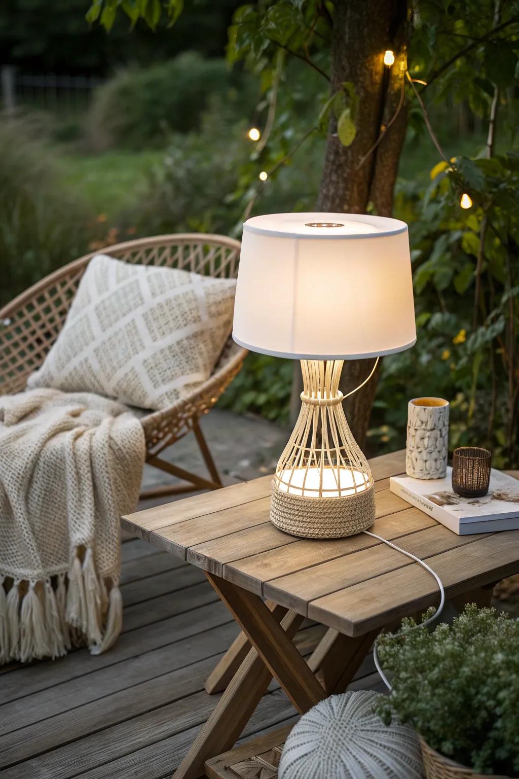 Illuminate your outdoor cozy corner with elegant solar-powered table lamps, merging minimalist design with boho charm.