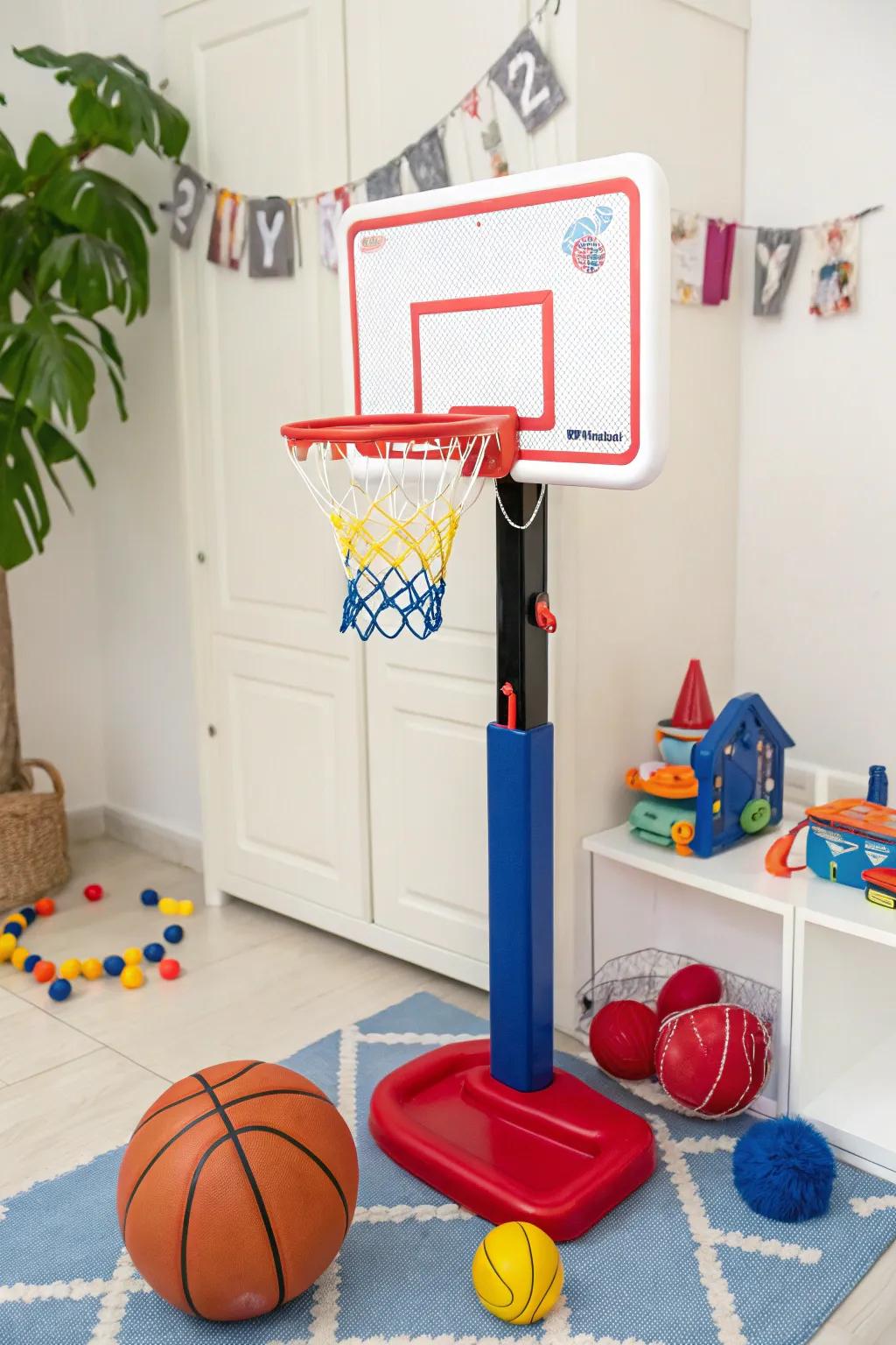 Interactive features like a mini basketball hoop add fun.