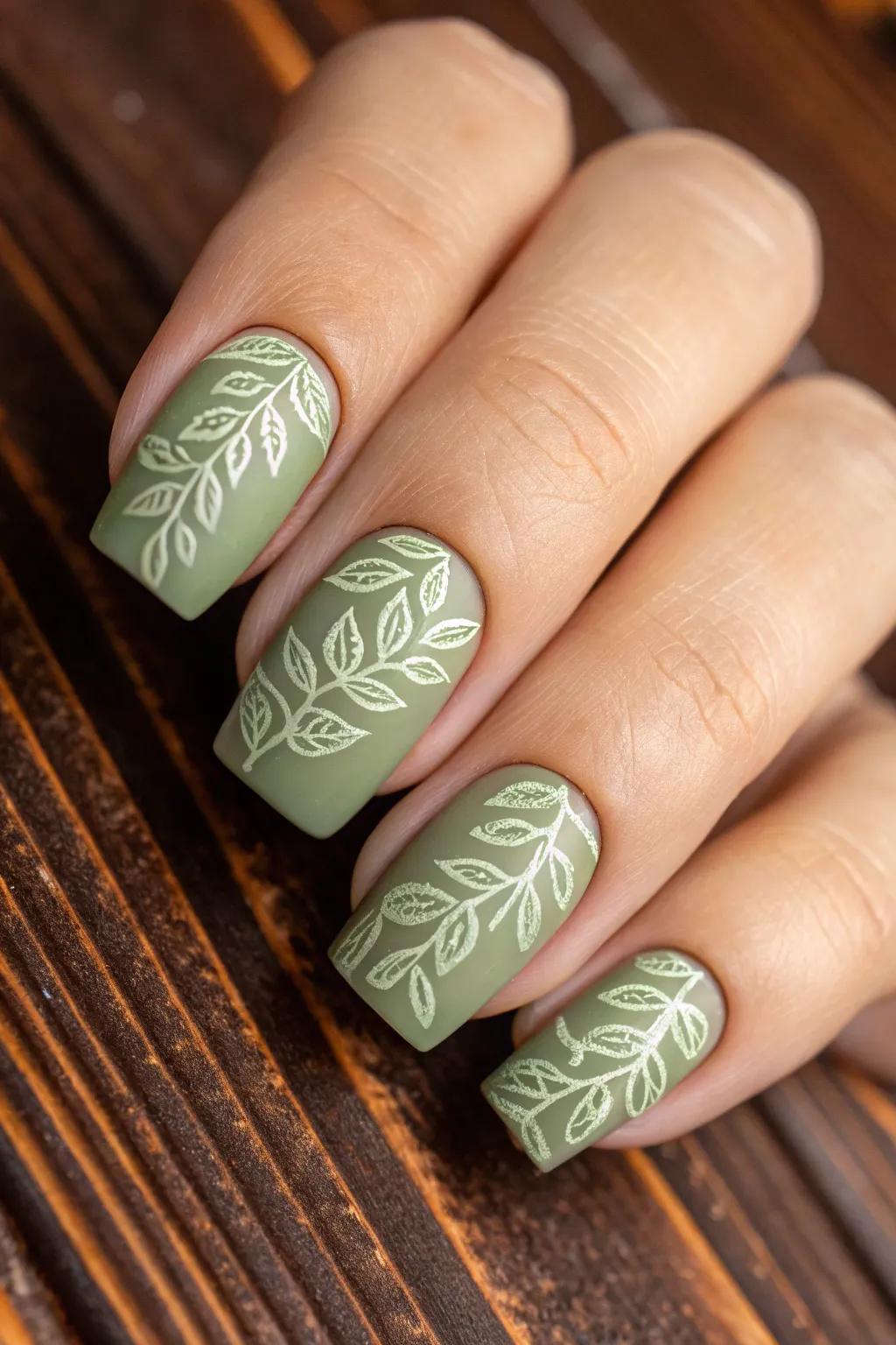 Embrace nature with these olive green leaf-patterned nails, a perfect blend of elegance and craftsmanship.