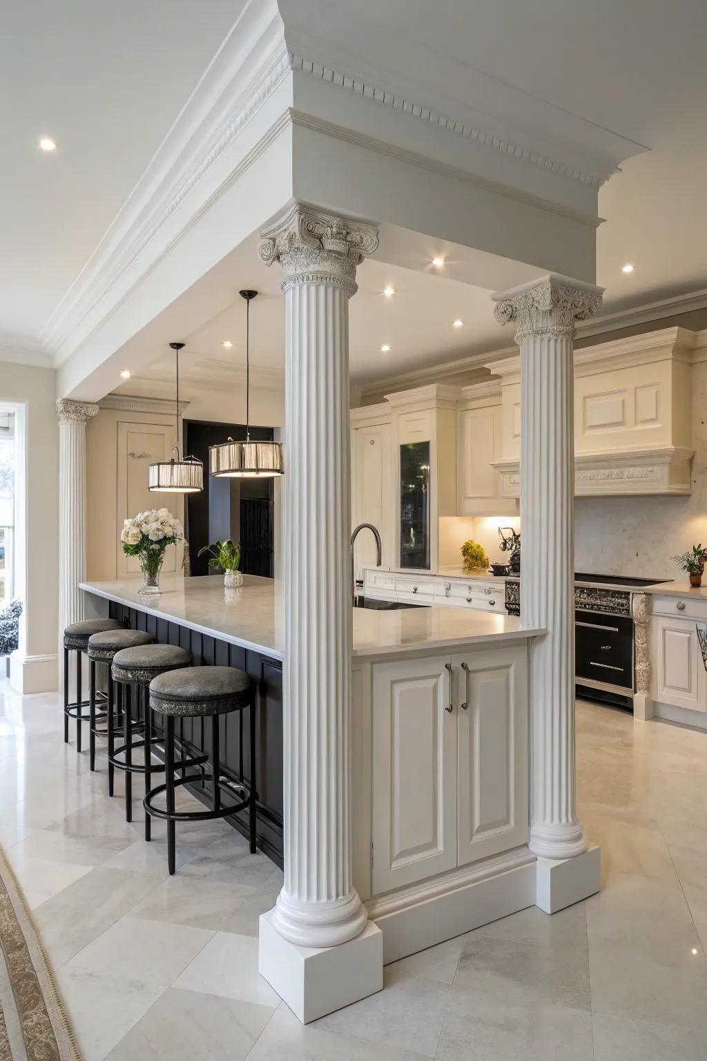 Classic columns add elegance to the kitchen island design.