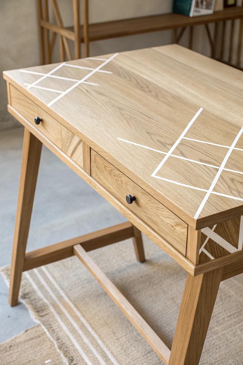 Transform your space with Scandinavian-inspired tape art on furniture for a touch of modern elegance.